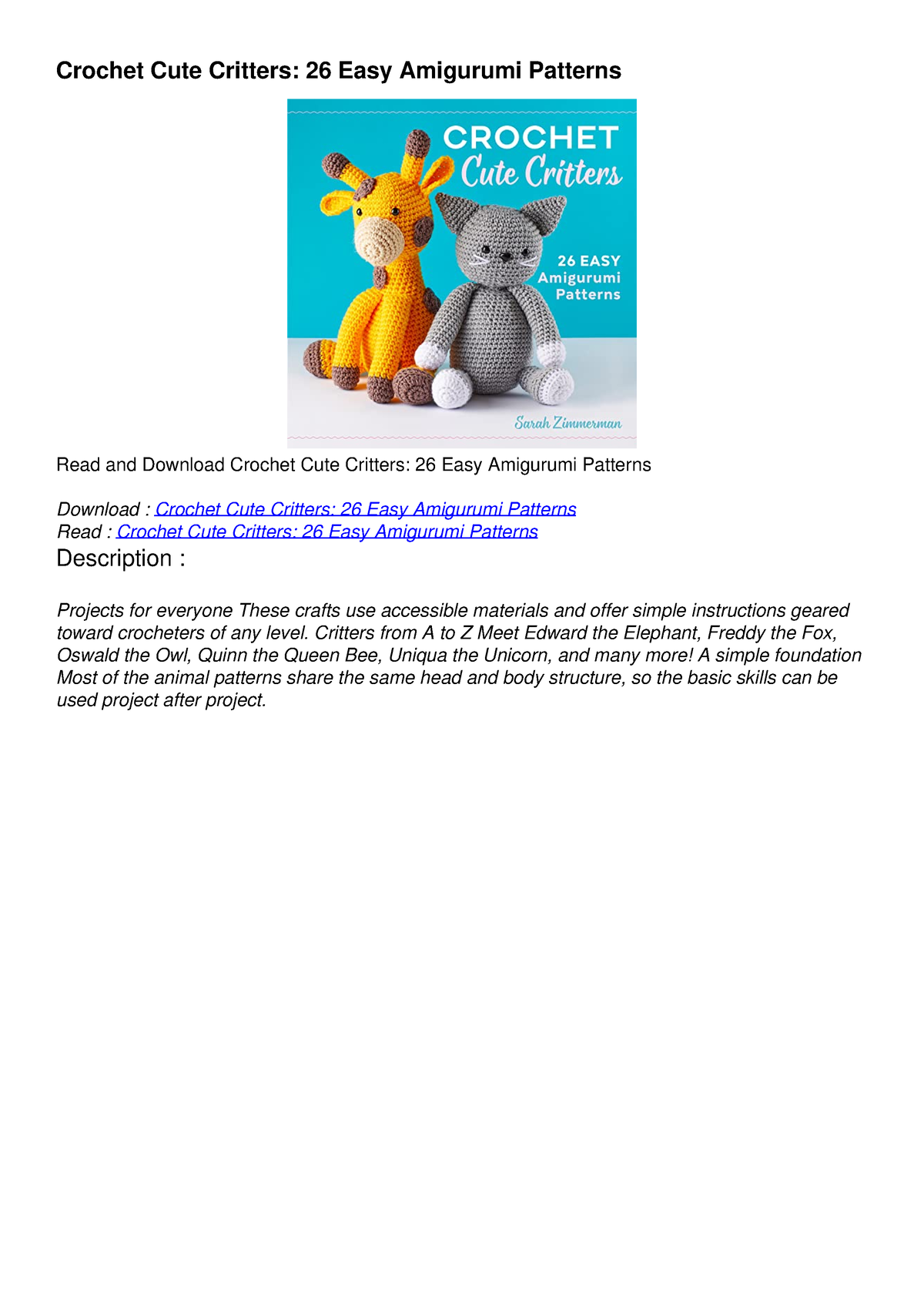 PDF Crochet Cute Critters: 26 Easy Amigurumi Patterns Ipad - Mtc1008 ...