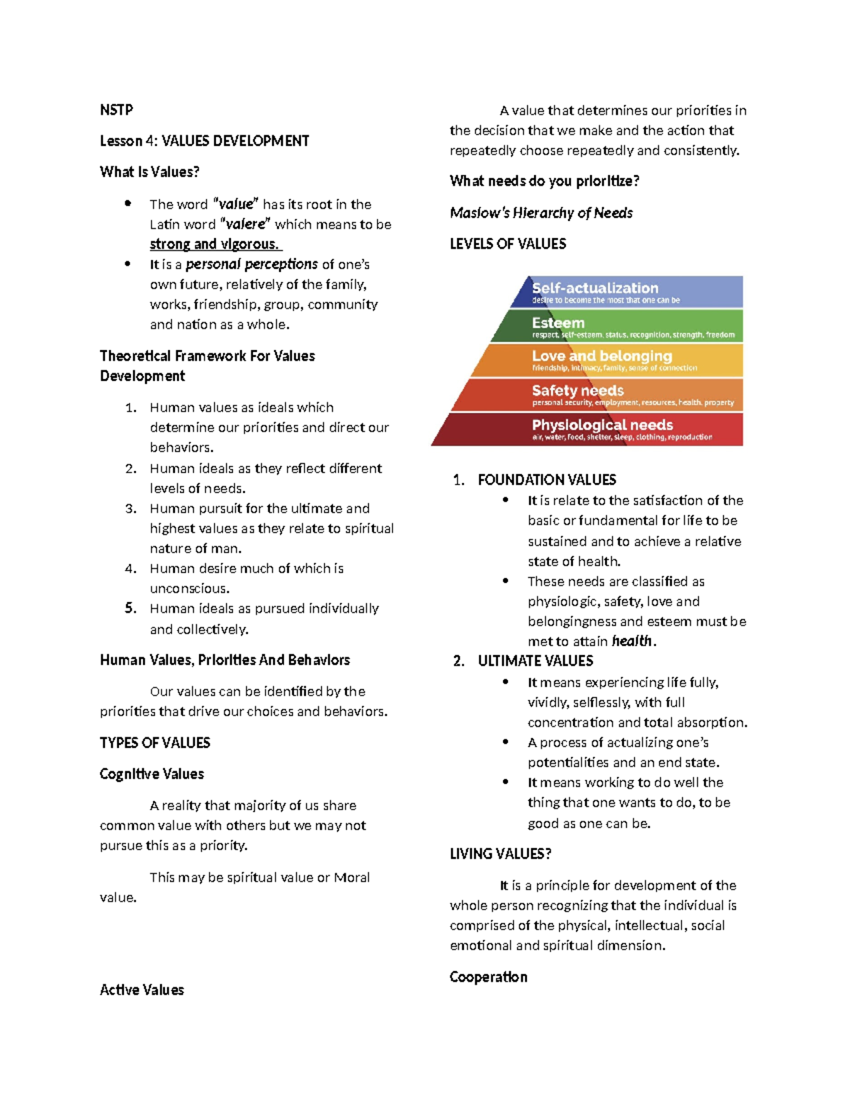Values Development basta NSTP Lesson 4 VALUES DEVELOPMENT What is