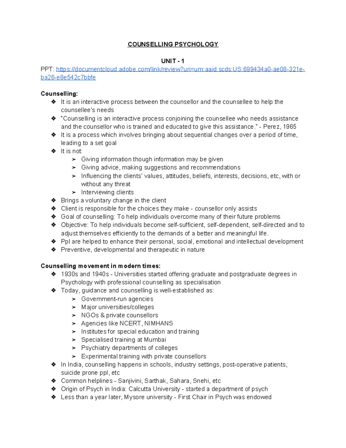 Counselling Psychology Notes - COUNSELLING PSYCHOLOGY UNIT - 1 PPT ...