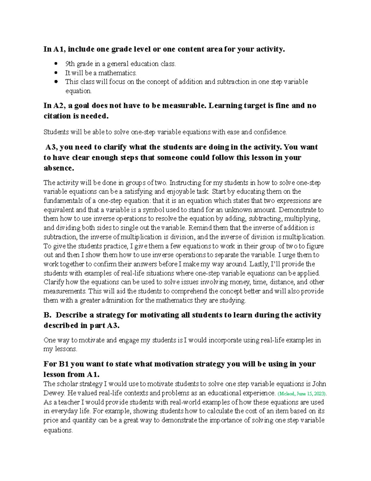Final TASK 4 - In A1, include one grade level or one content area for ...