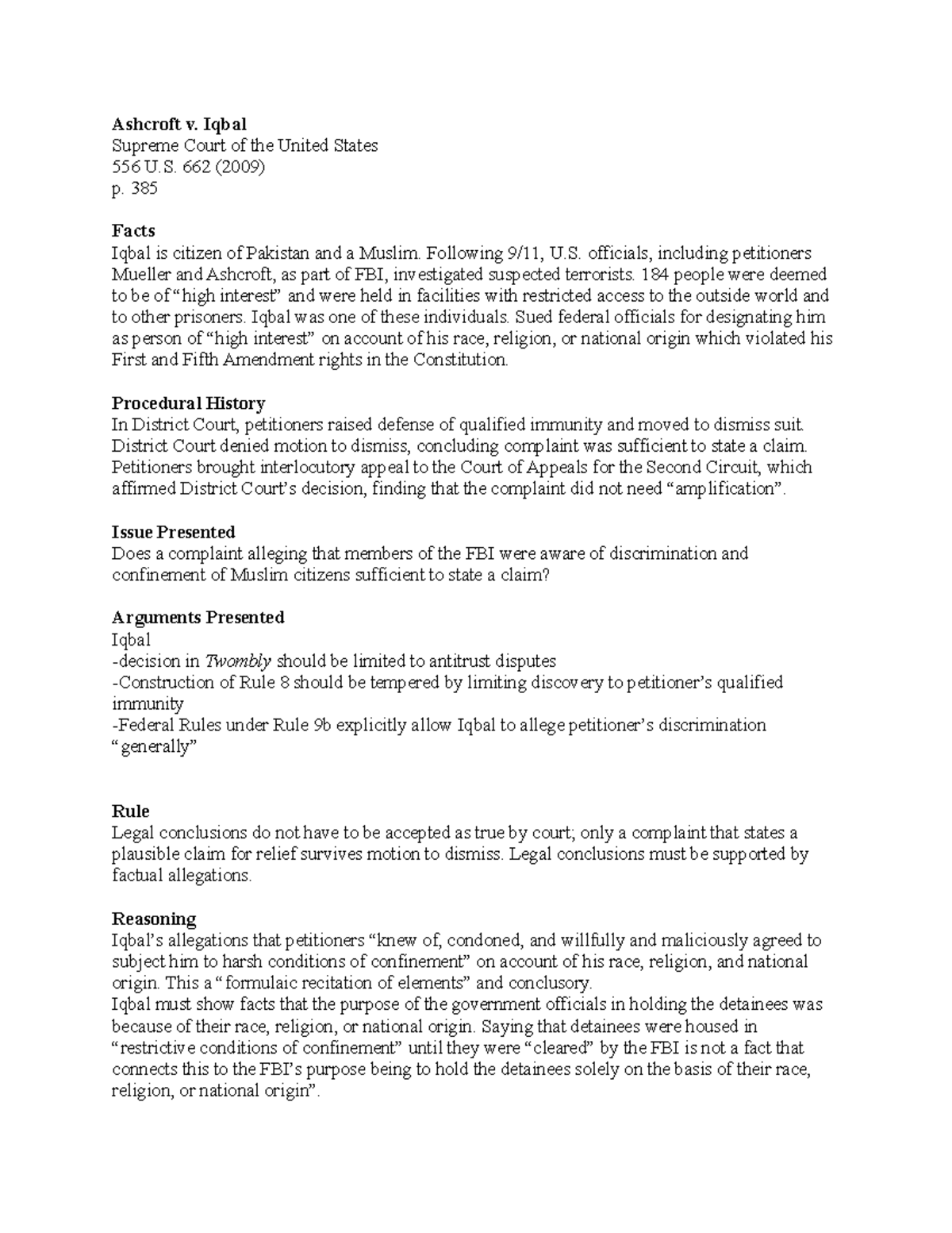 Ashcroft v. Iqbal - Case brief. - Ashcroft v. Iqbal Supreme Court of ...