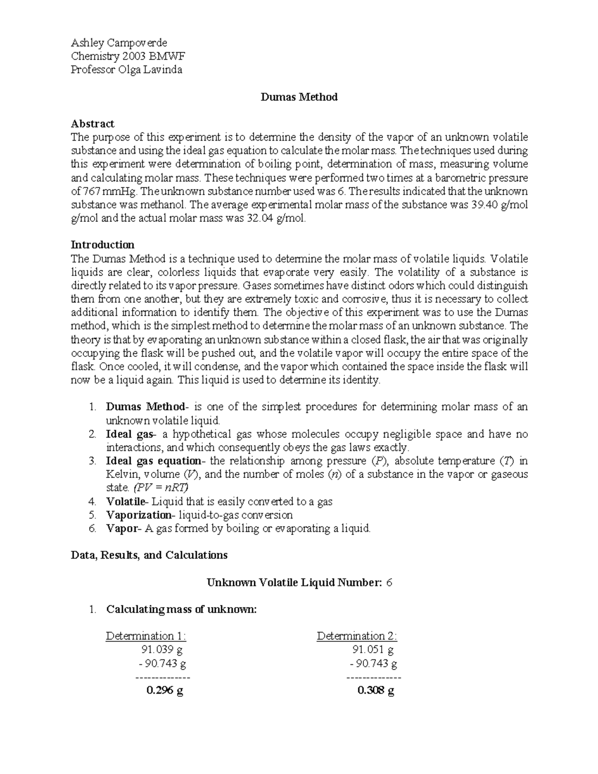 Dumas Method - Lab - Chemistry 2003 BMWF Professor Olga Lavinda Dumas ...