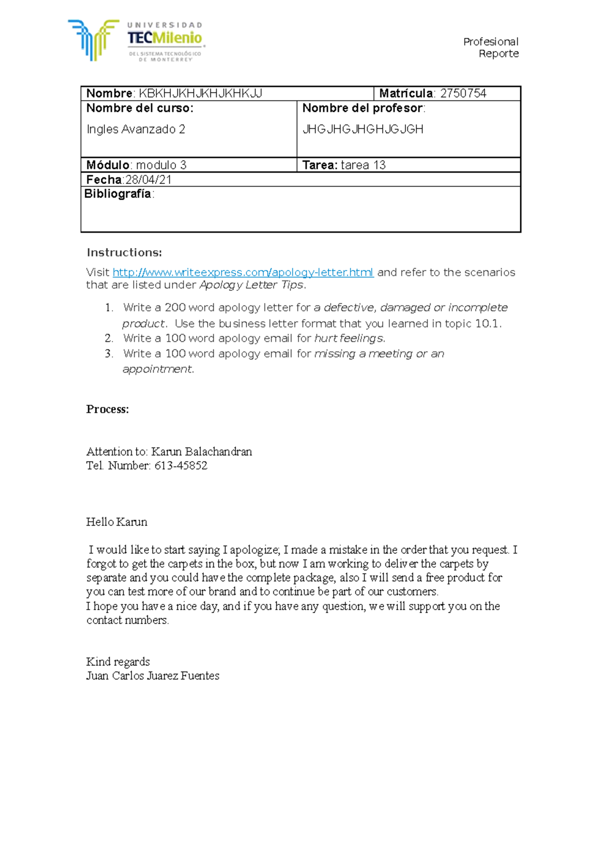 Tarea 13 ingles avanzado - Profesional Reporte Nombre ...