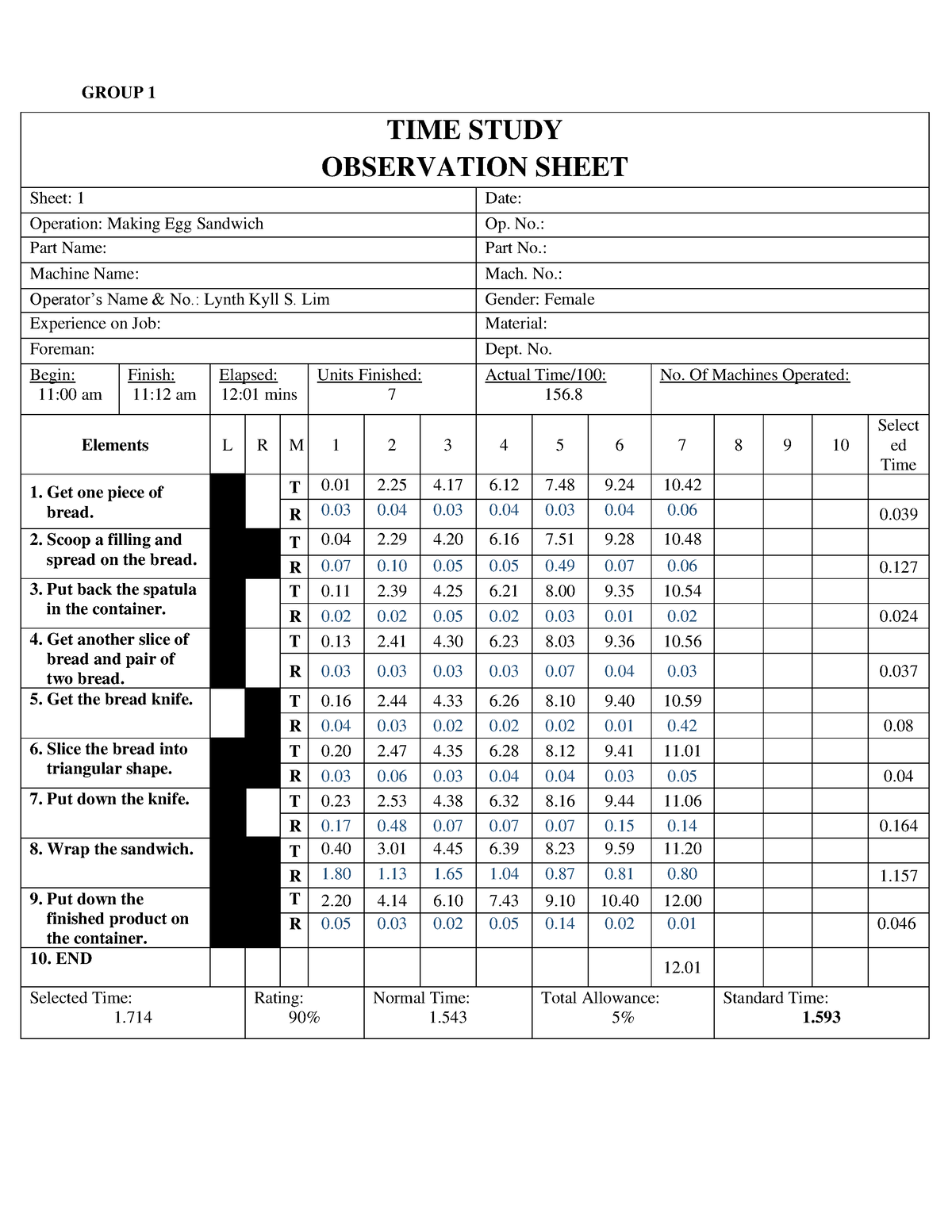 Group 1 TIME AND Motion Study Observation Sheet TIME STUDY