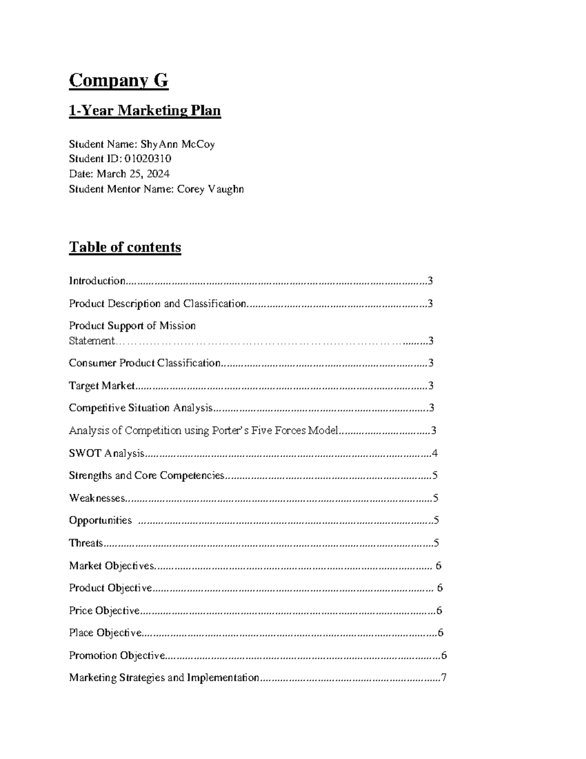 Company g VZT1 - passed - Company G 1 - Year Marketing Plan Student ...