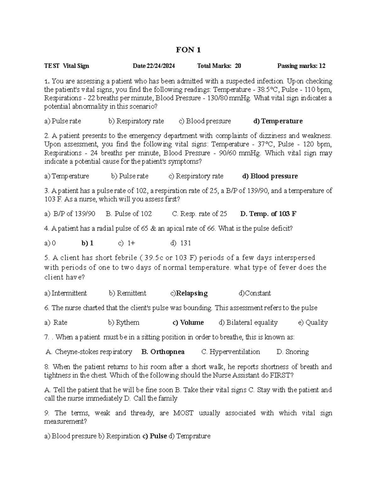 FON 1 test vital sign with key - FON 1 TEST Vital Sign Date 22/24/2024 ...