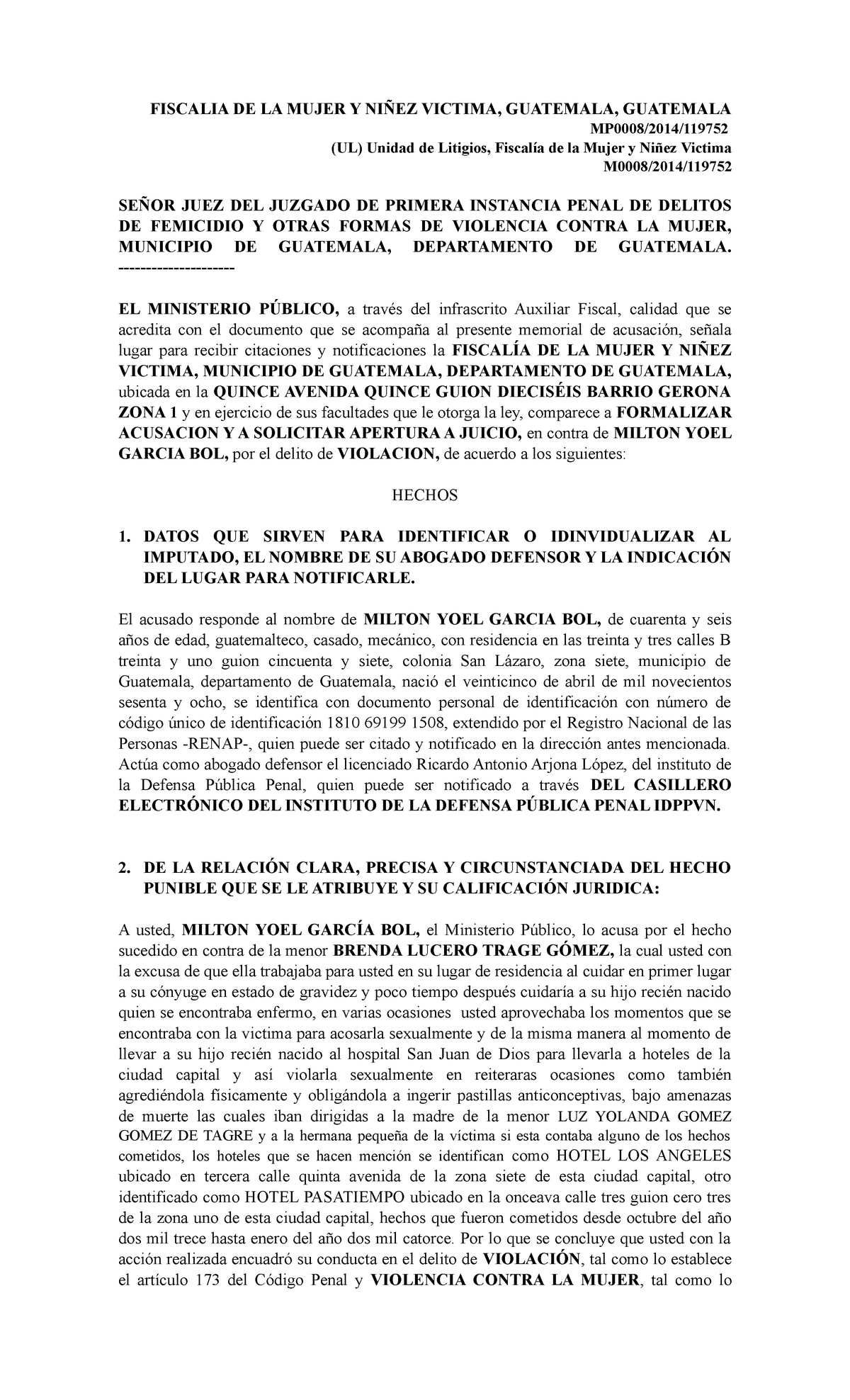 Acusación - FISCALIA DE LA MUJER Y NIÑEZ VICTIMA, GUATEMALA, GUATEMALA ...