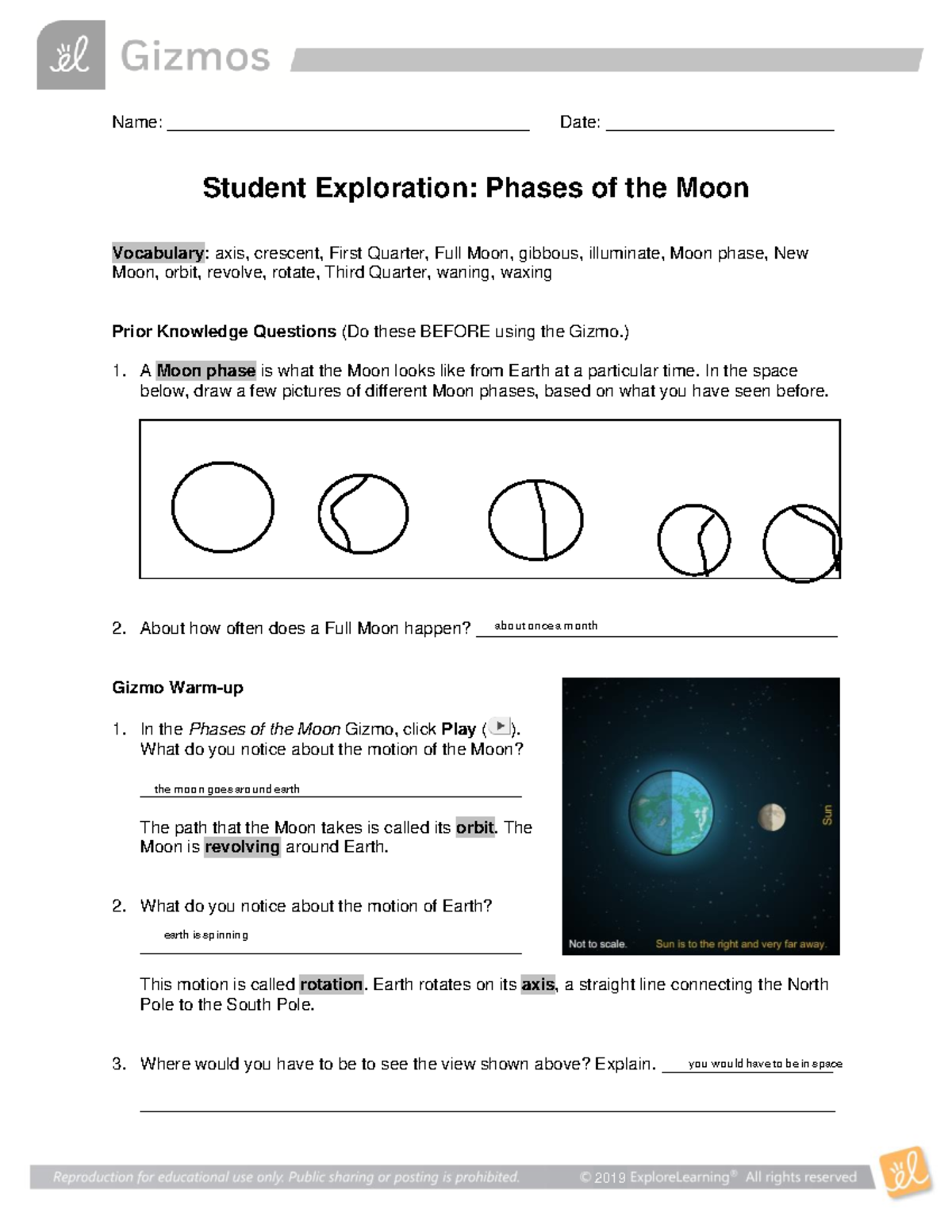 Phases Moon Gizmo - Name: ______________________________________ Date