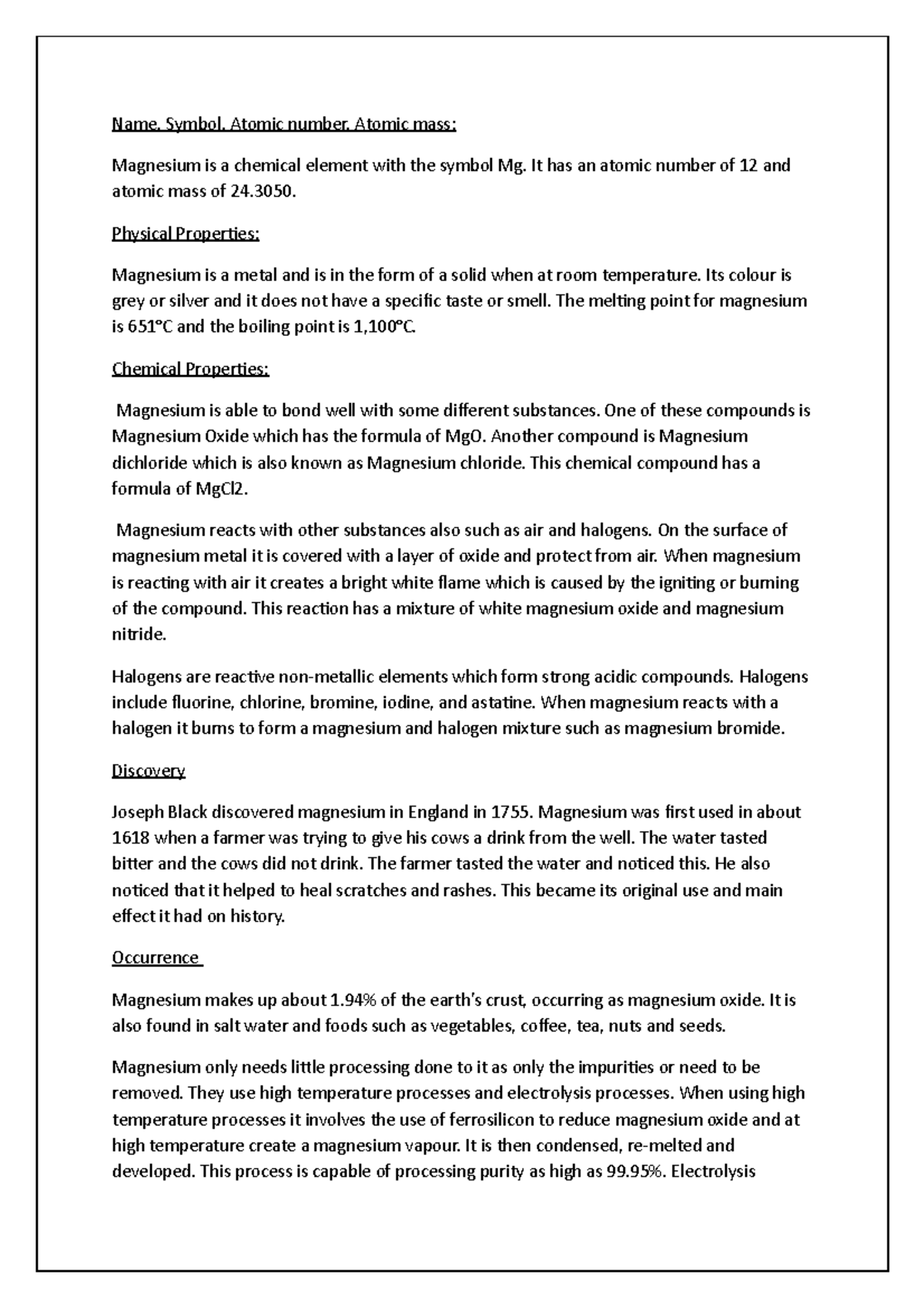Magnesium essay Name, Symbol, Atomic number, Atomic mass Magnesium