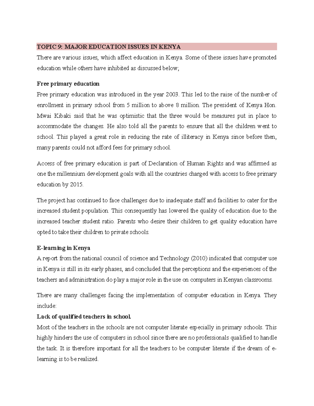 Major Education Issues IN Kenya TOPIC 9 MAJOR EDUCATION ISSUES IN