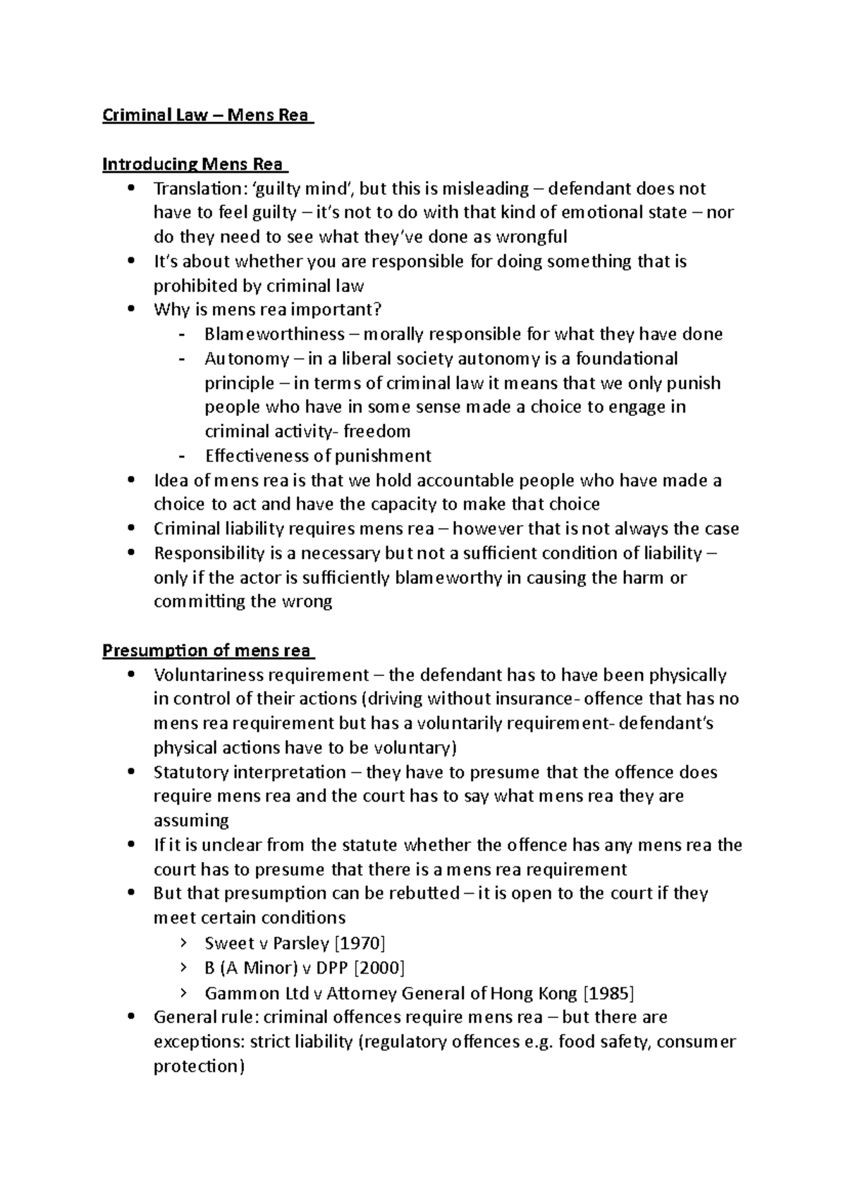 Criminal Law Mens Rea detailed notes and cases on mens Rea