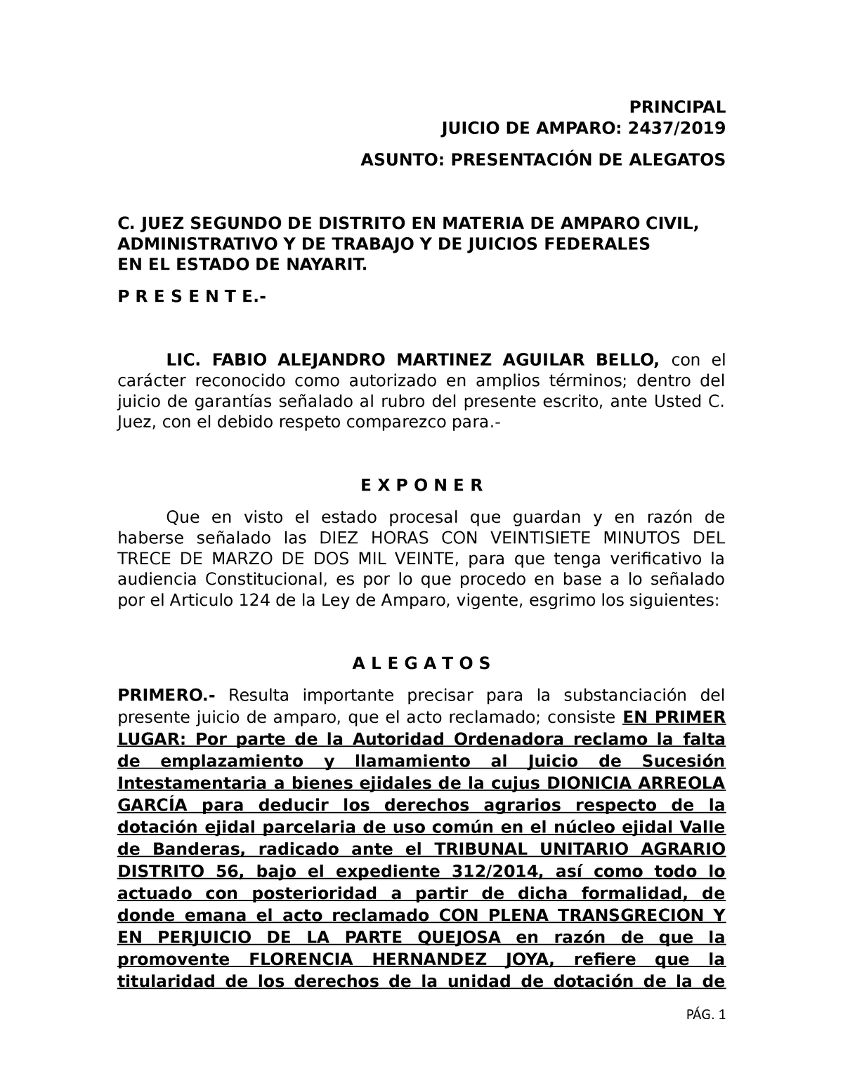 Alegatos DEL Juicio DE Amparo Agrario - PRINCIPAL JUICIO DE AMPARO ...