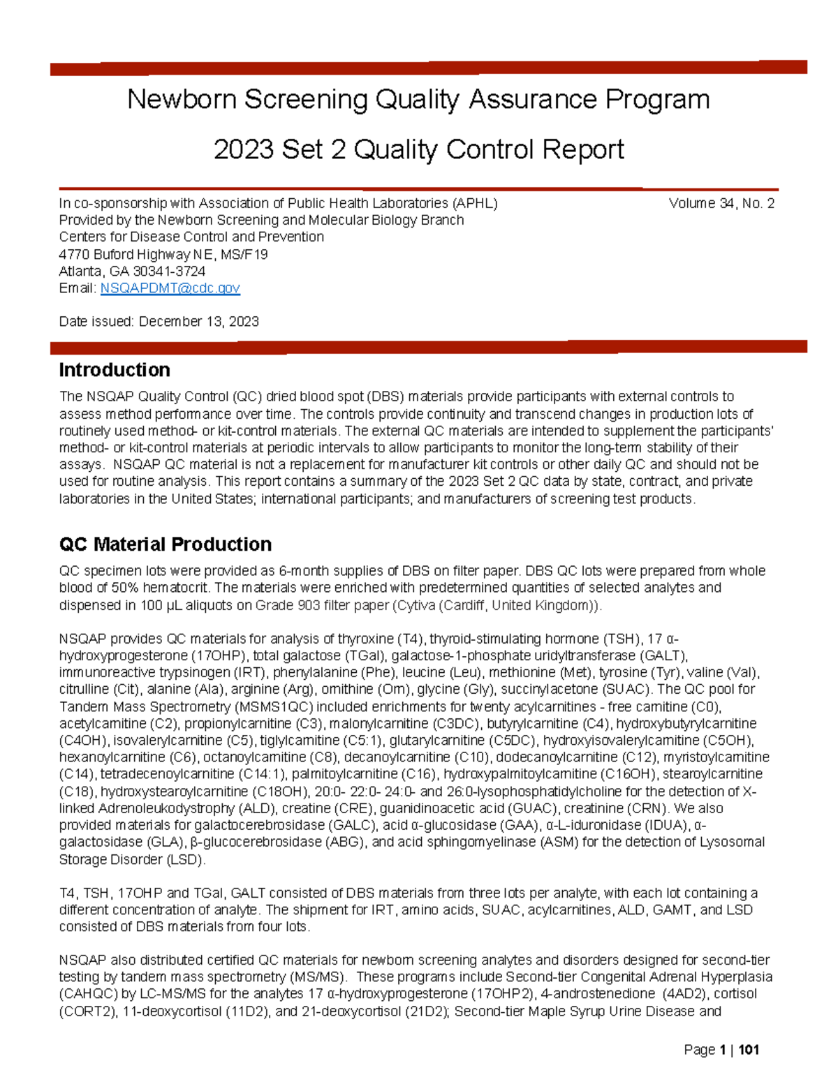2023 Set2 QC Summary Report Newborn Screening Quality Assurance