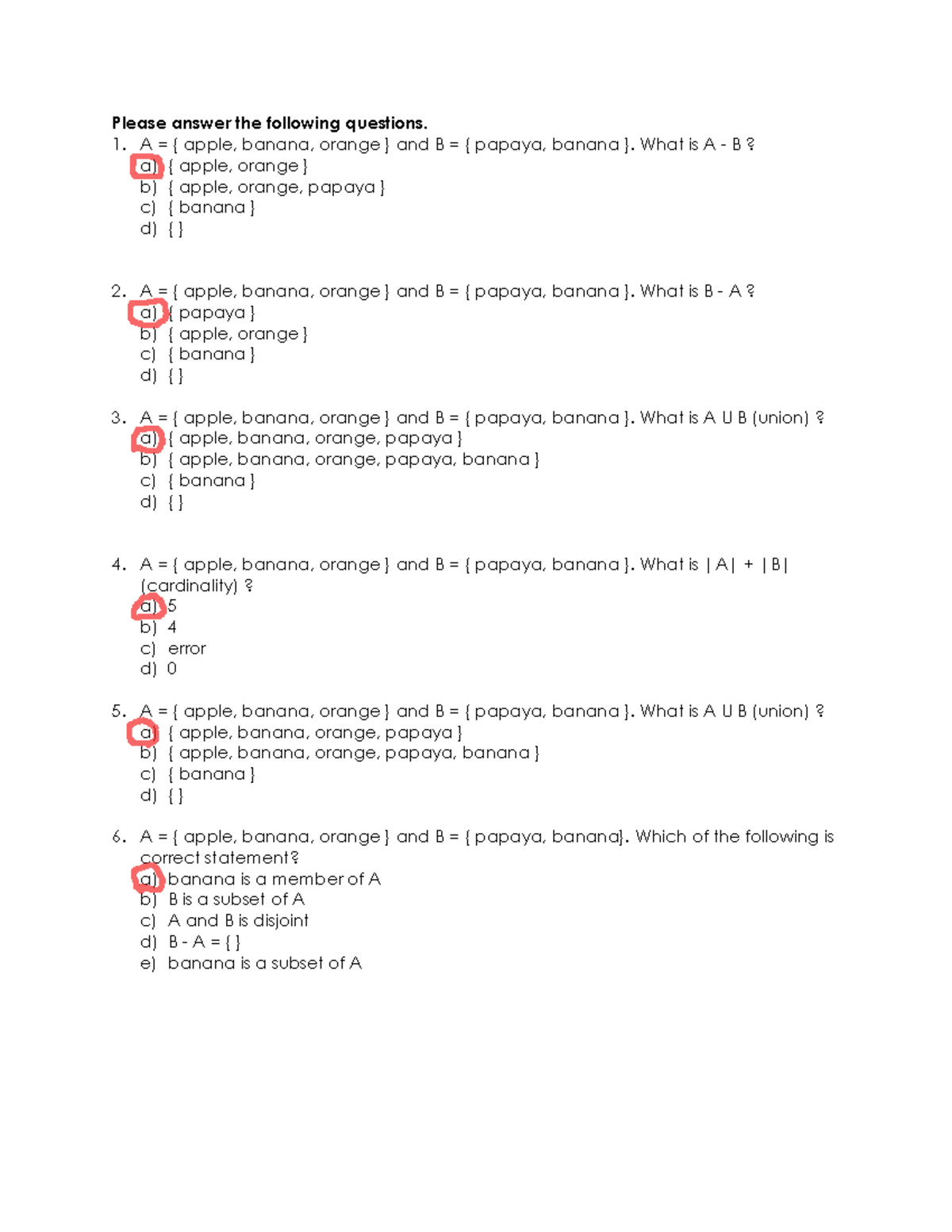 作业一 - 524 - Please answer the following questions. A = { apple, banana ...