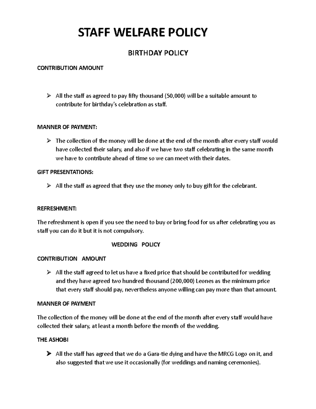 Birthday Policy STAFF WELFARE POLICY BIRTHDAY POLICY CONTRIBUTION