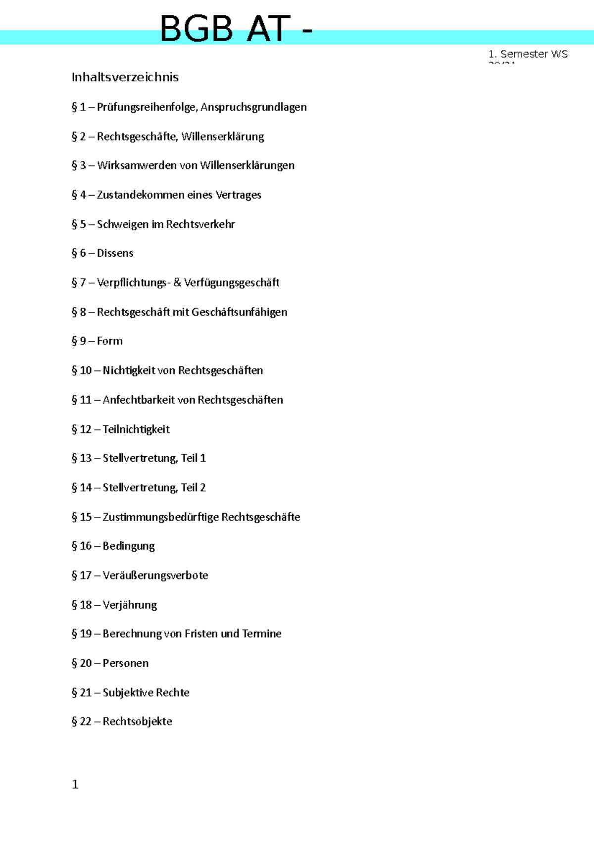BGB At - Lernskript - Zusammenfassung - Inhaltsverzeichnis § 1