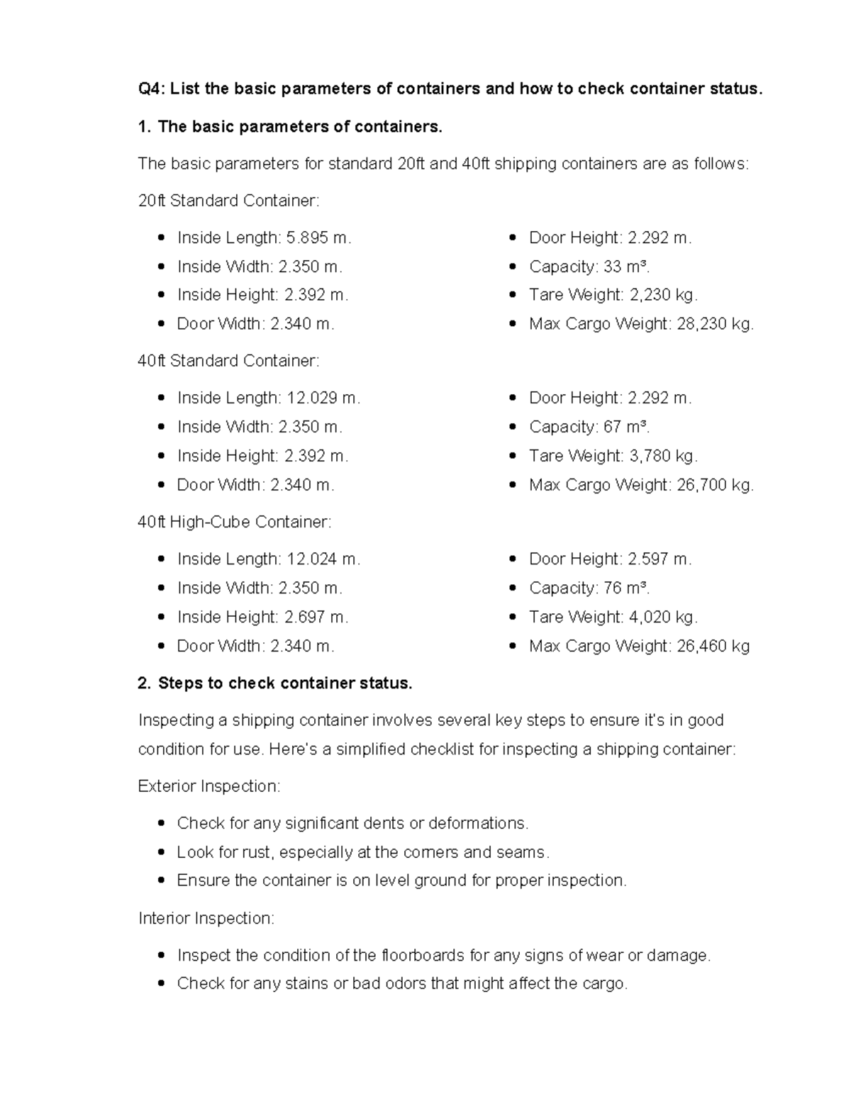 Fieldtrip Report Q4 Q4 List the basic parameters of containers and