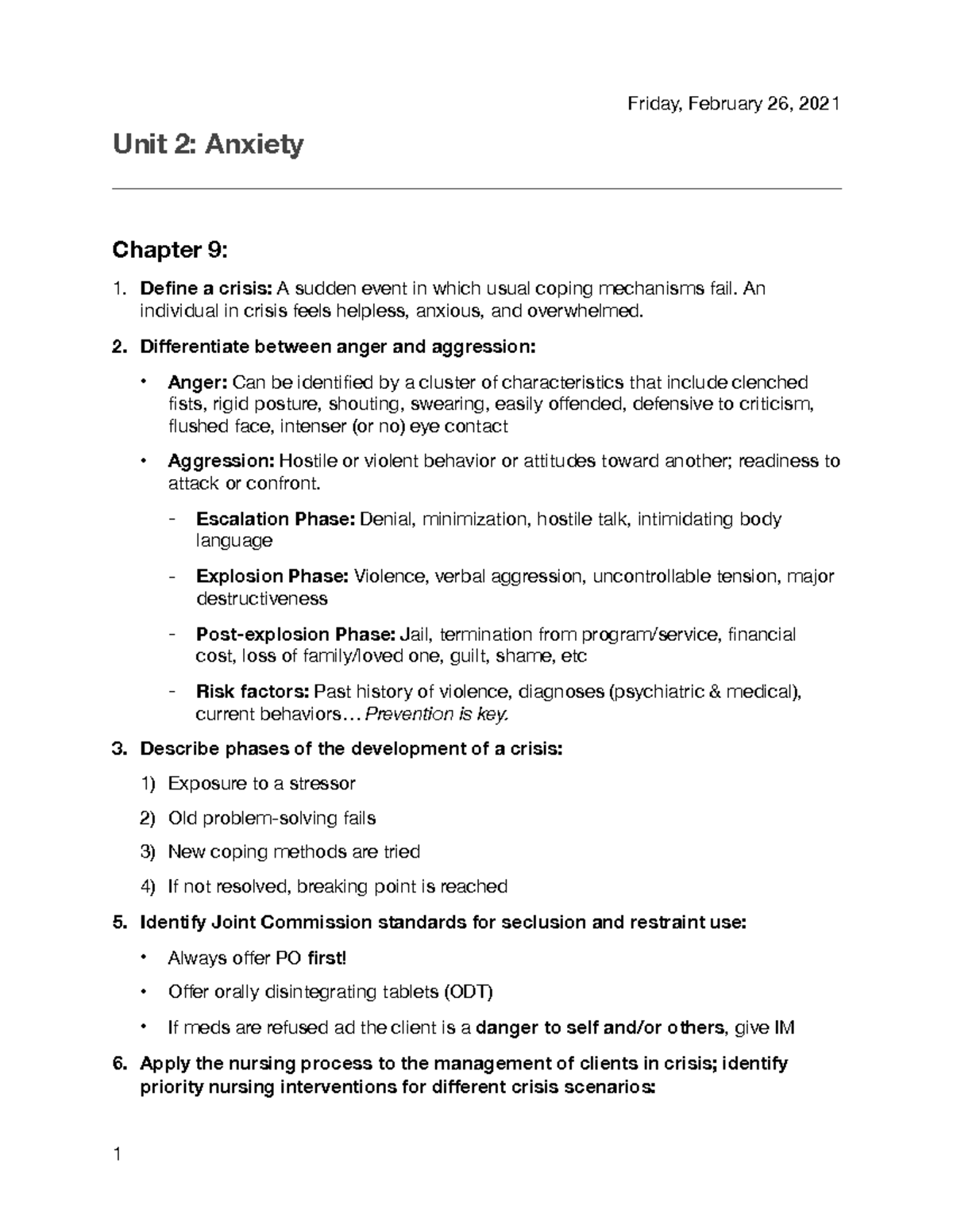 Anxiety PDF - Unit 2: Anxiety Chapter 9: Define A Crisis: A Sudden ...