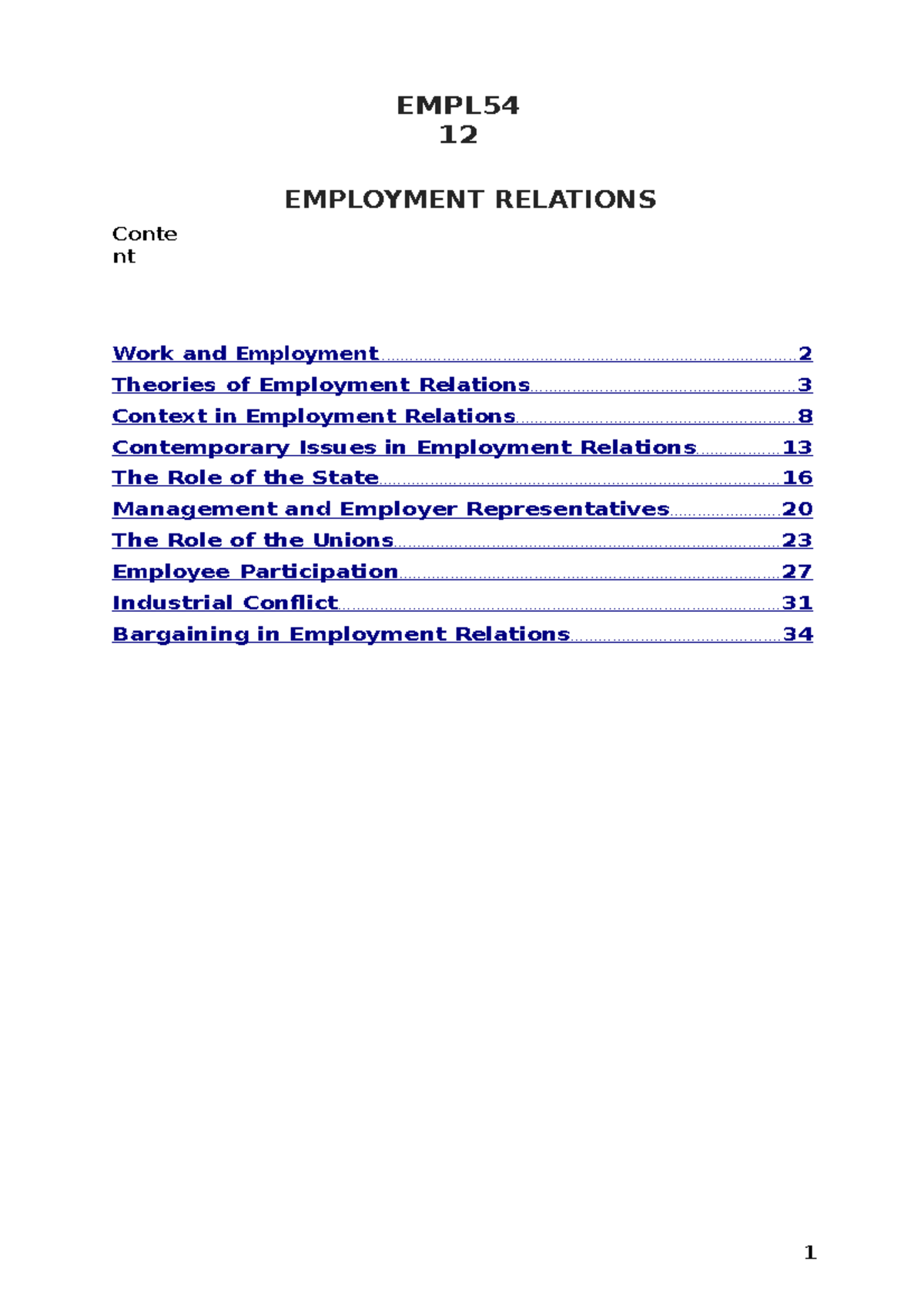 EMPL5412 Employment Relations Notes - Conte nt - EMPL Work and - Studocu