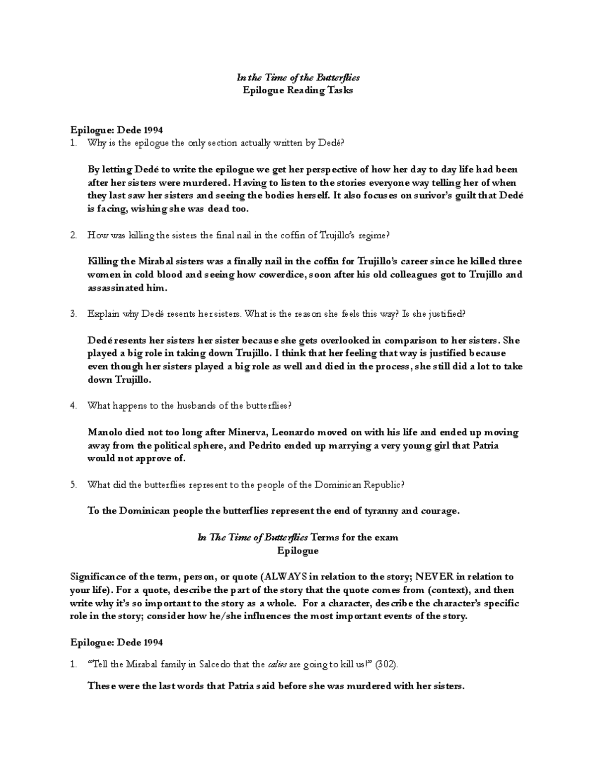 Butterflies Epilogue Reading Tasks In the Time of the Butterflies