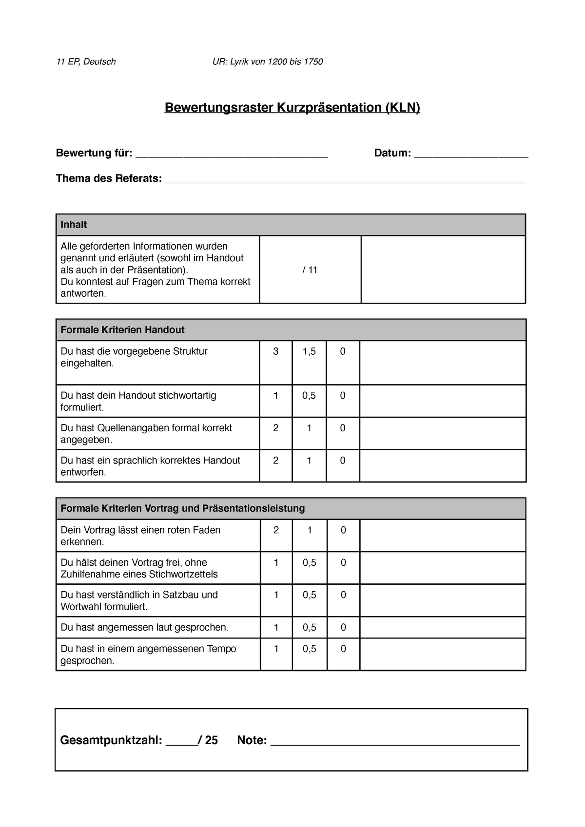 11 EP Bewertungsraster Kurzvortrag Lyrik - 11 EP, Deutsch UR: Lyrik Von ...