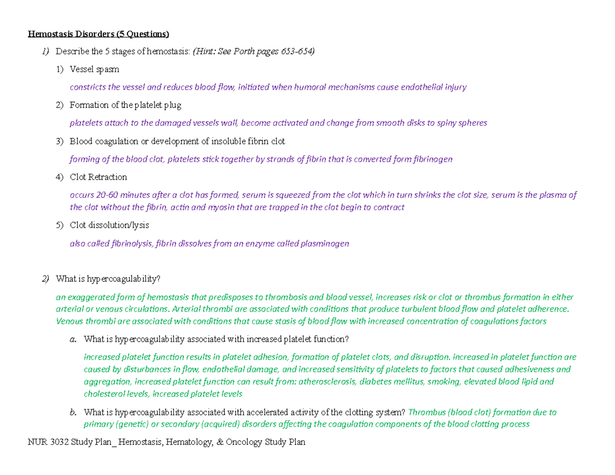NUR 3032 Hemostasis Hematology and Oncology Study Plan Hemostasis Disorders (5 Questions) 1