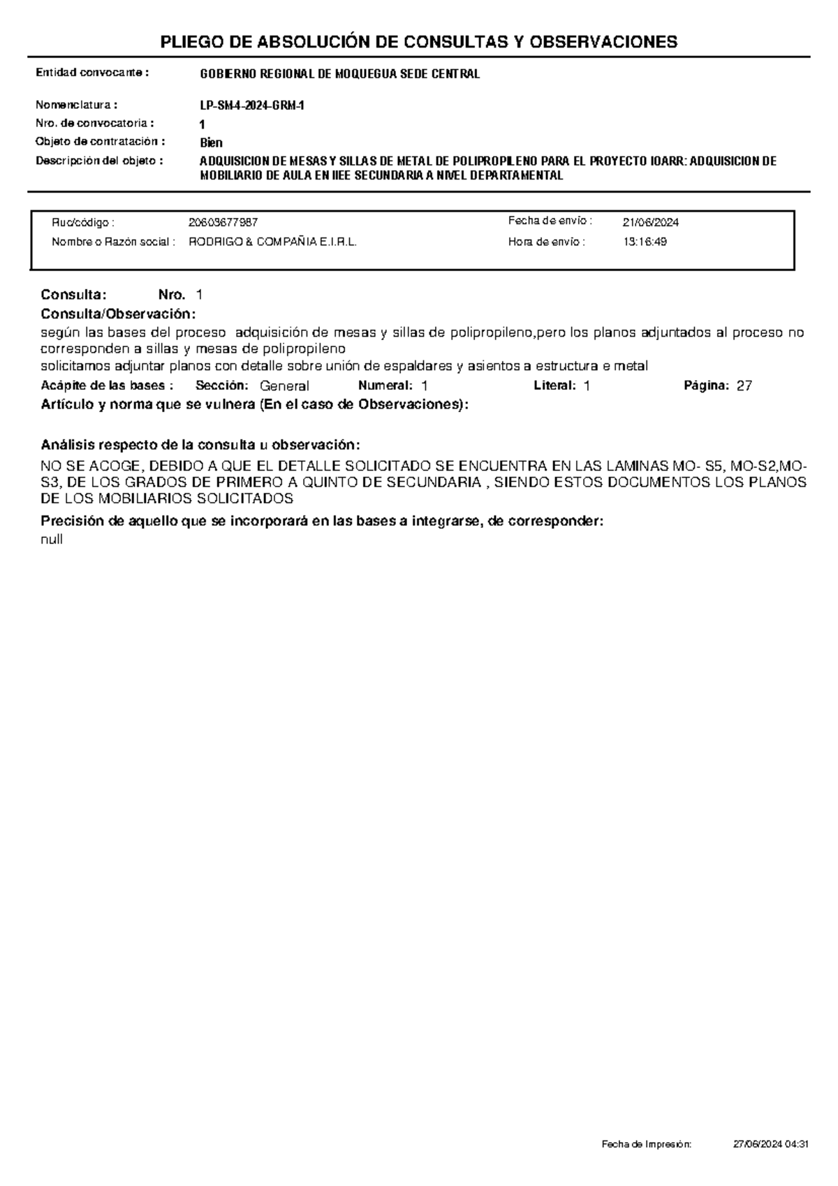 absolucion de consultas y observaciones a las bases - PLIEGO DE ...
