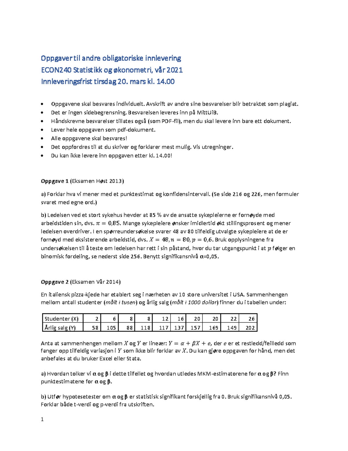 Obligatorisk Innlevering ECON240 Spørsmål Og Løsninger - 1 Oppgaver Til ...