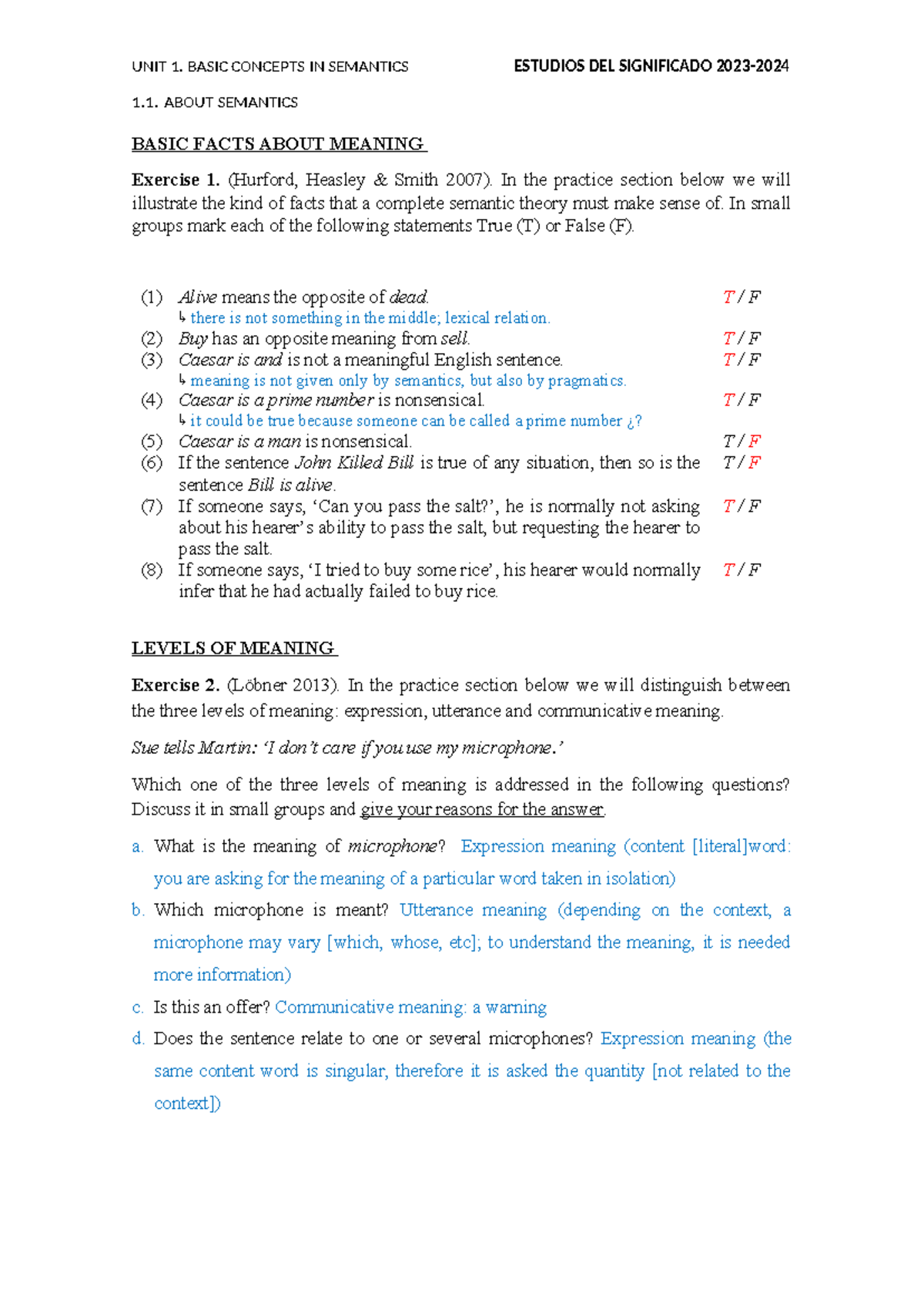 Unit 1 1.1 Answers. Basic Facts about meaning - UNIT 1. BASIC CONCEPTS ...