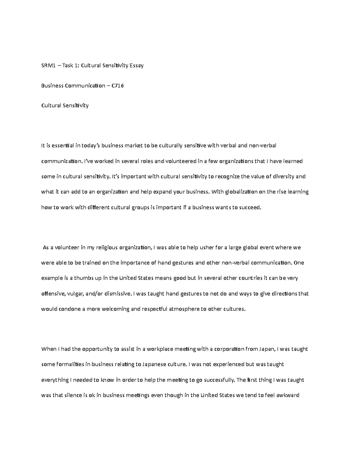 Cultural Sensitivity Essay - SRM1 – Task 1: Cultural Sensitivity Essay ...