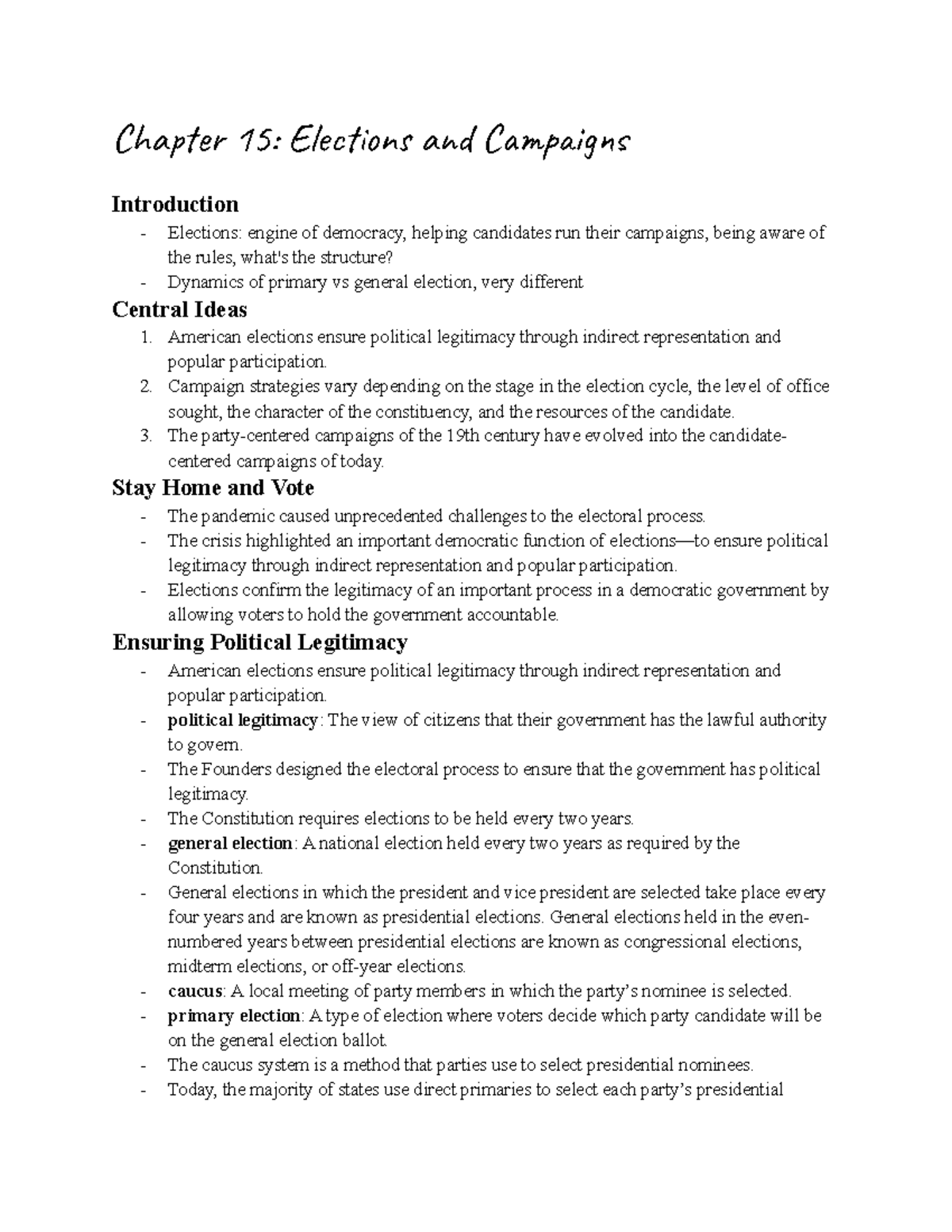 US POL- Chapter 15: Elections and Campaigns - Chapter 15: Elections and ...