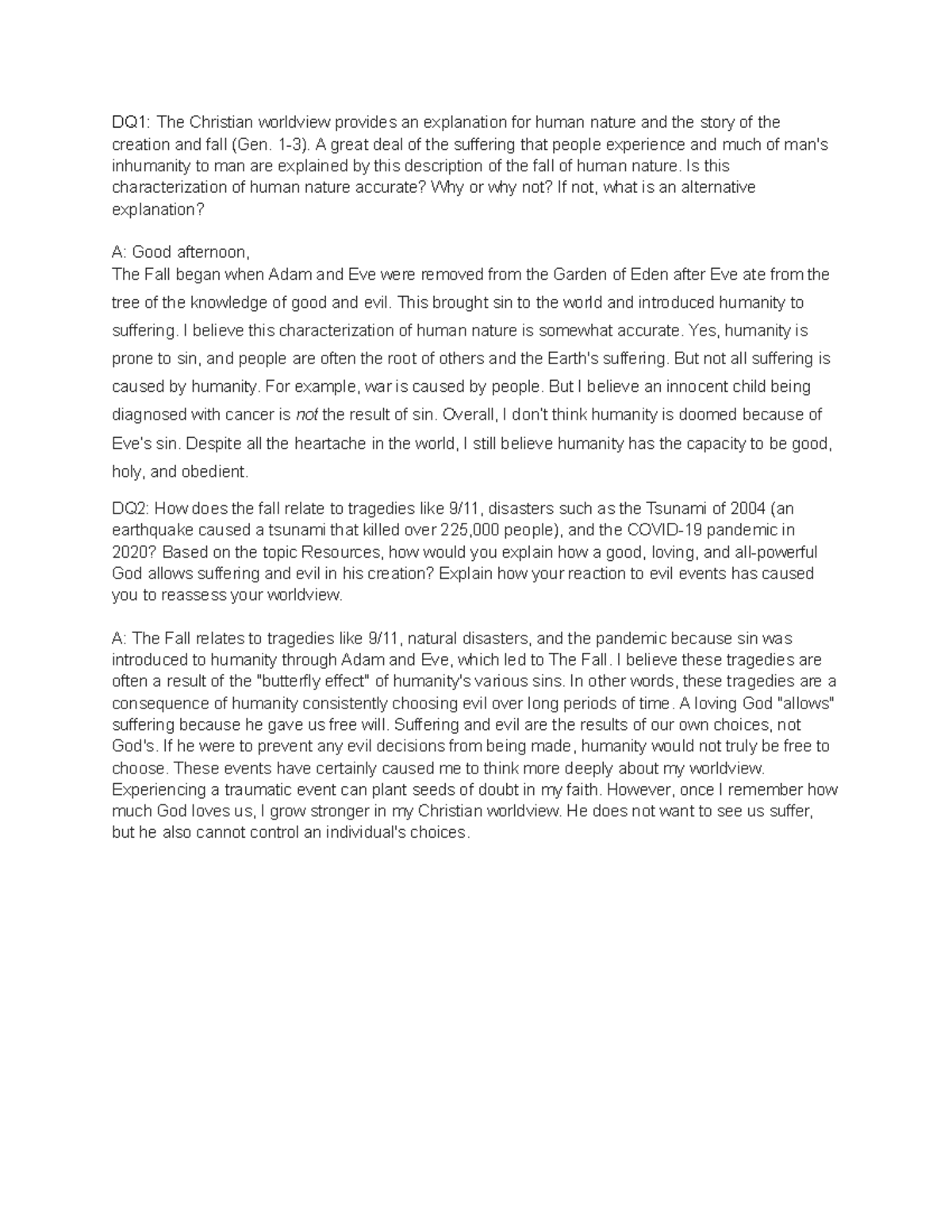 Cwv 101 Topic 3 Dq 1 And 2 Dq1 The Christian Worldview Provides An