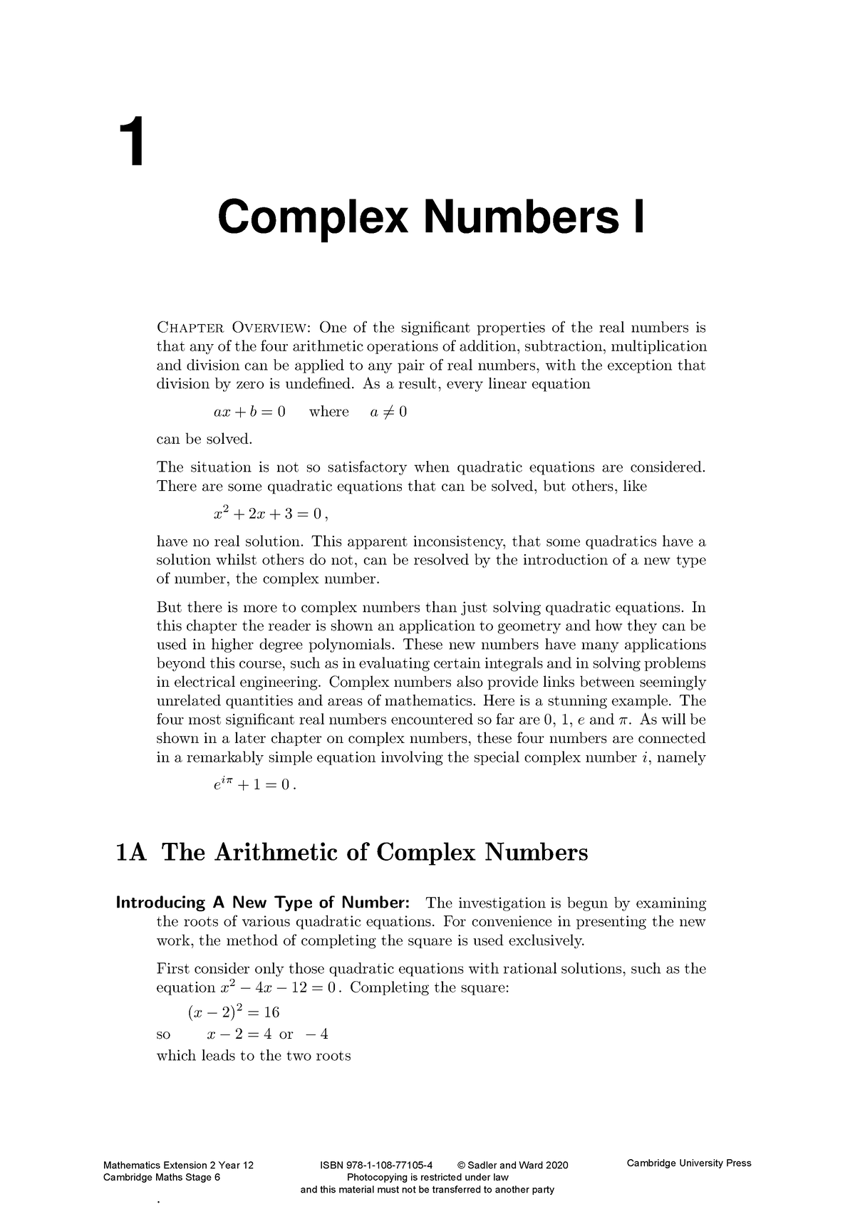 Complex Numbers Chapter 1 HSC EXT 2 Maths - 1 Complex Numbers I Chapter ...