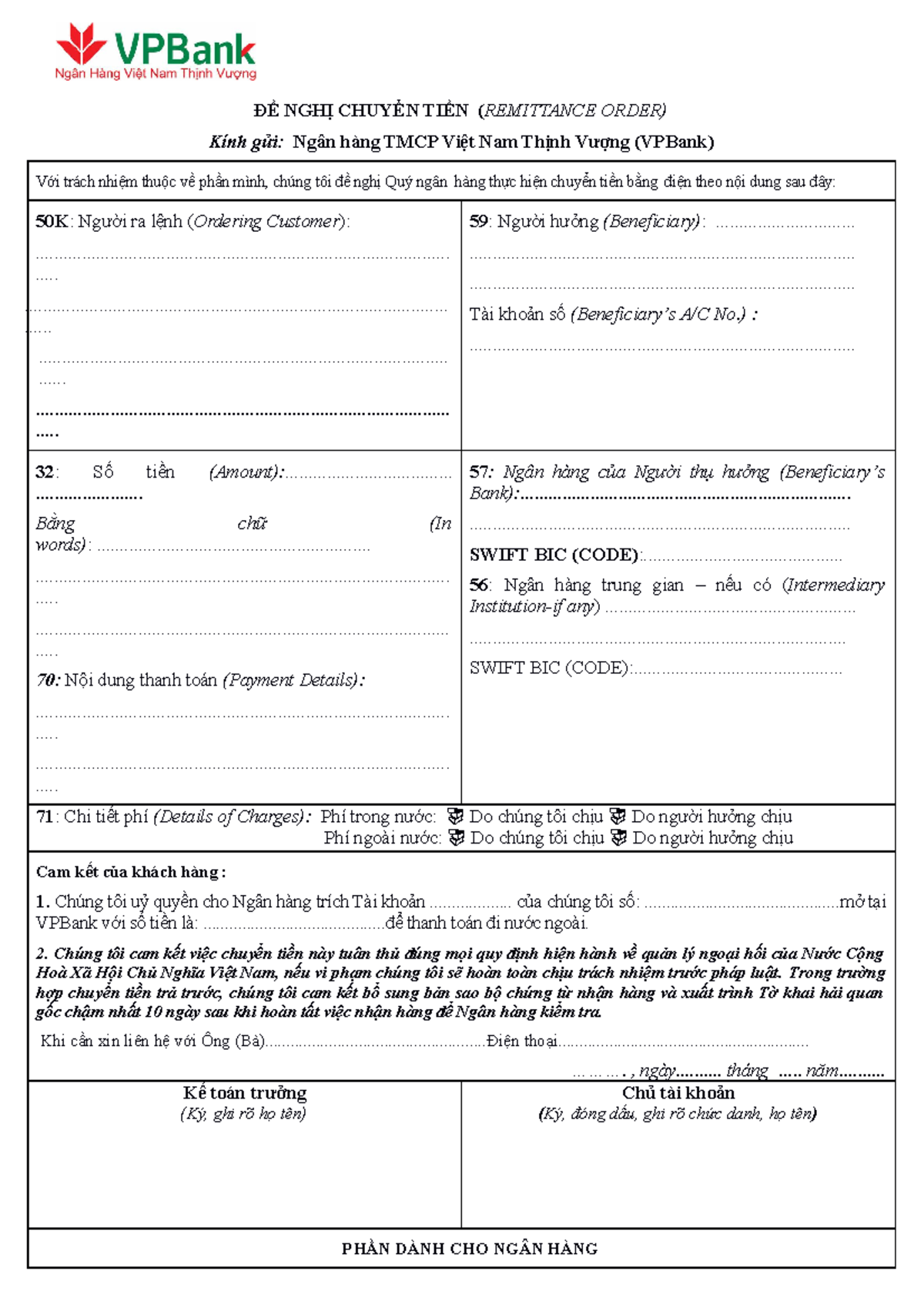 Vpbank lệnh chuyển tiền - ĐỀ NGHỊ CHUYỂN TIỀN (REMITTANCE ORDER) Kính ...