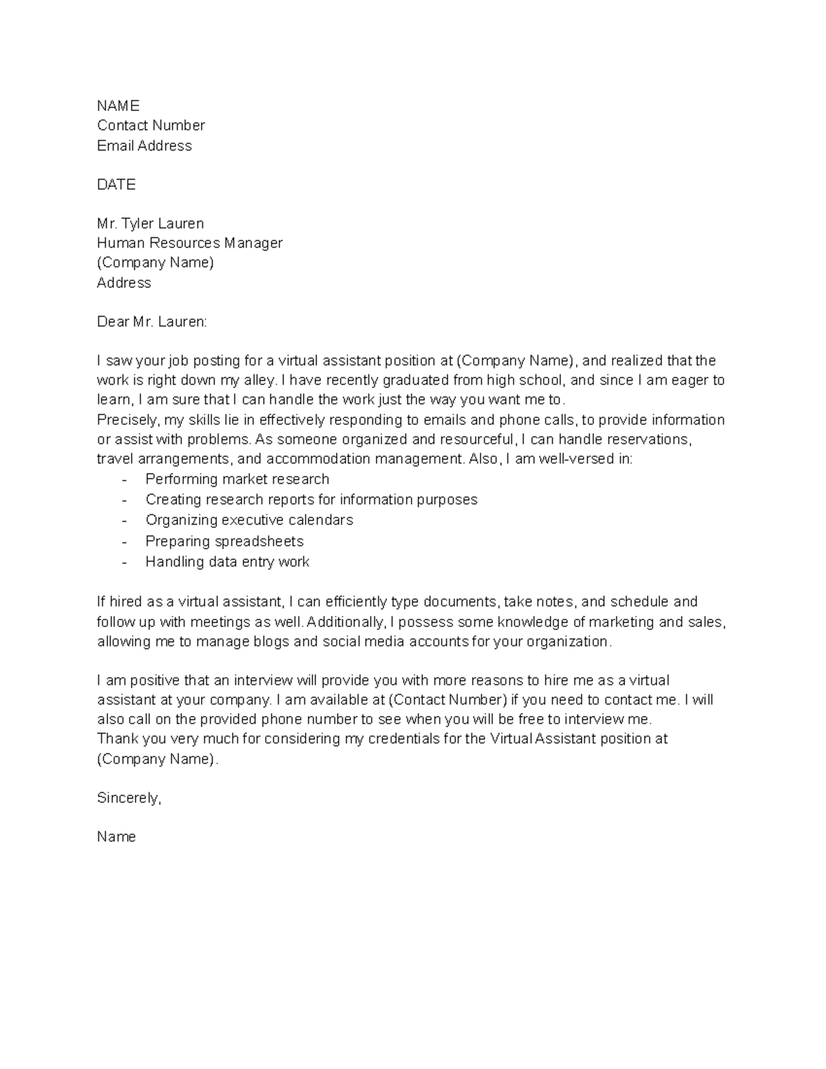 Cover Letter Sample 2 - NAME Contact Number Email Address DATE Mr ...