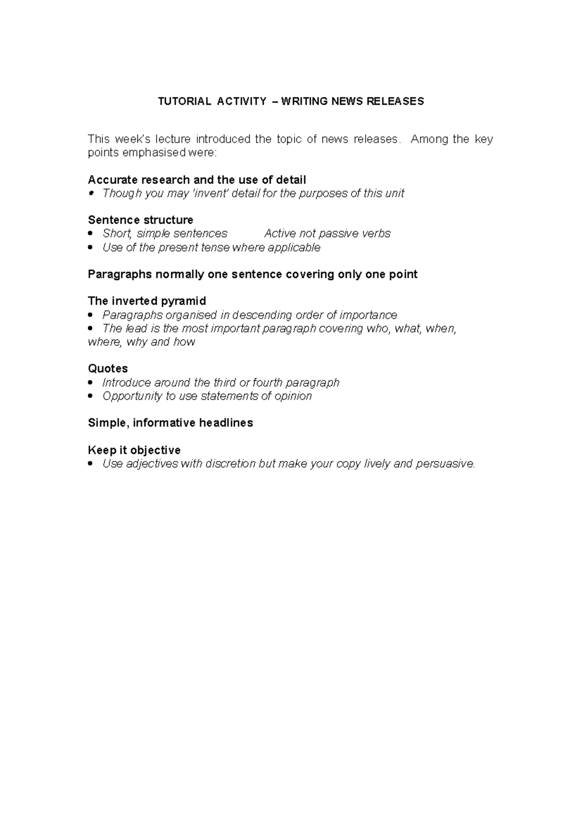 News release practice one - TUTORIAL ACTIVITY – WRITING NEWS RELEASES ...