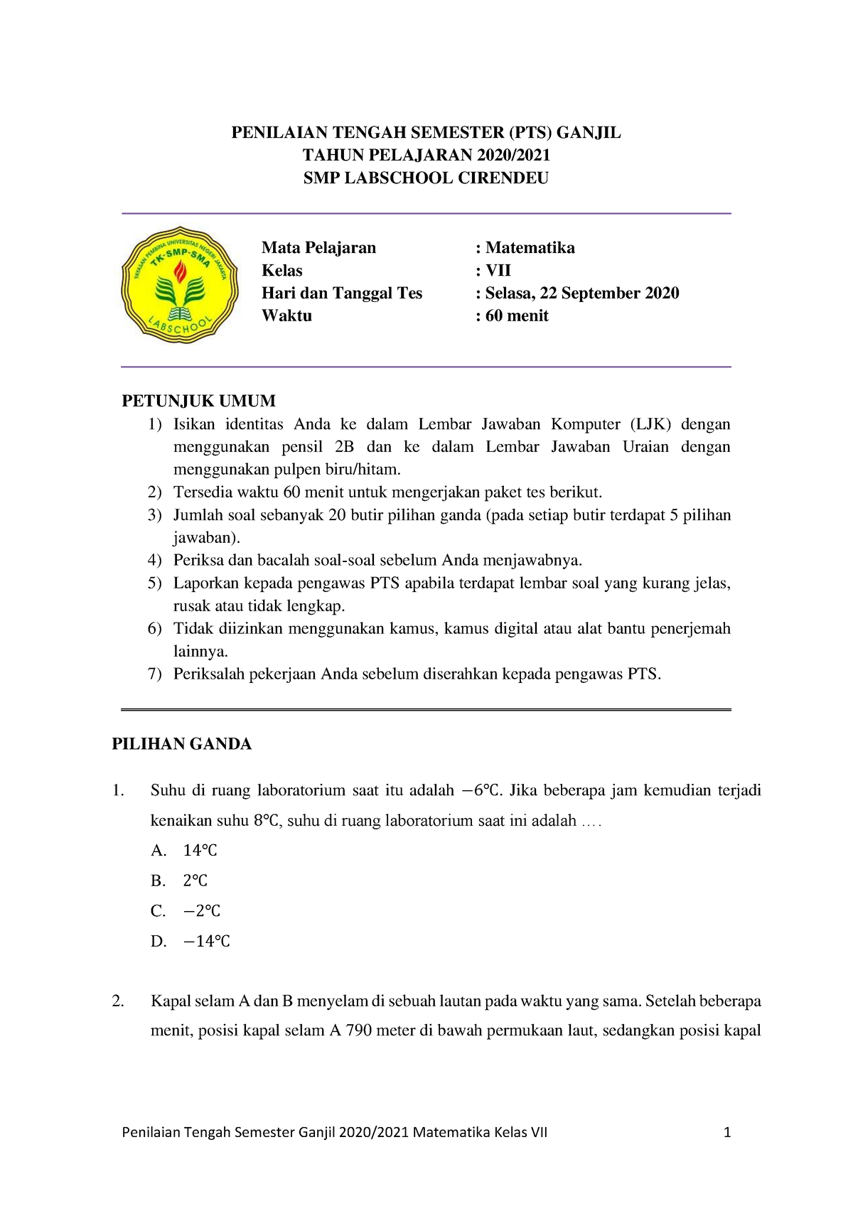 SOAL PTS Matematika Kelas 7 - PENILAIAN TENGAH SEMESTER (PTS) GANJIL ...