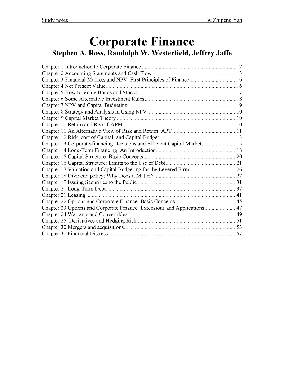 Corporate finance Ross notes complete - StuDocu