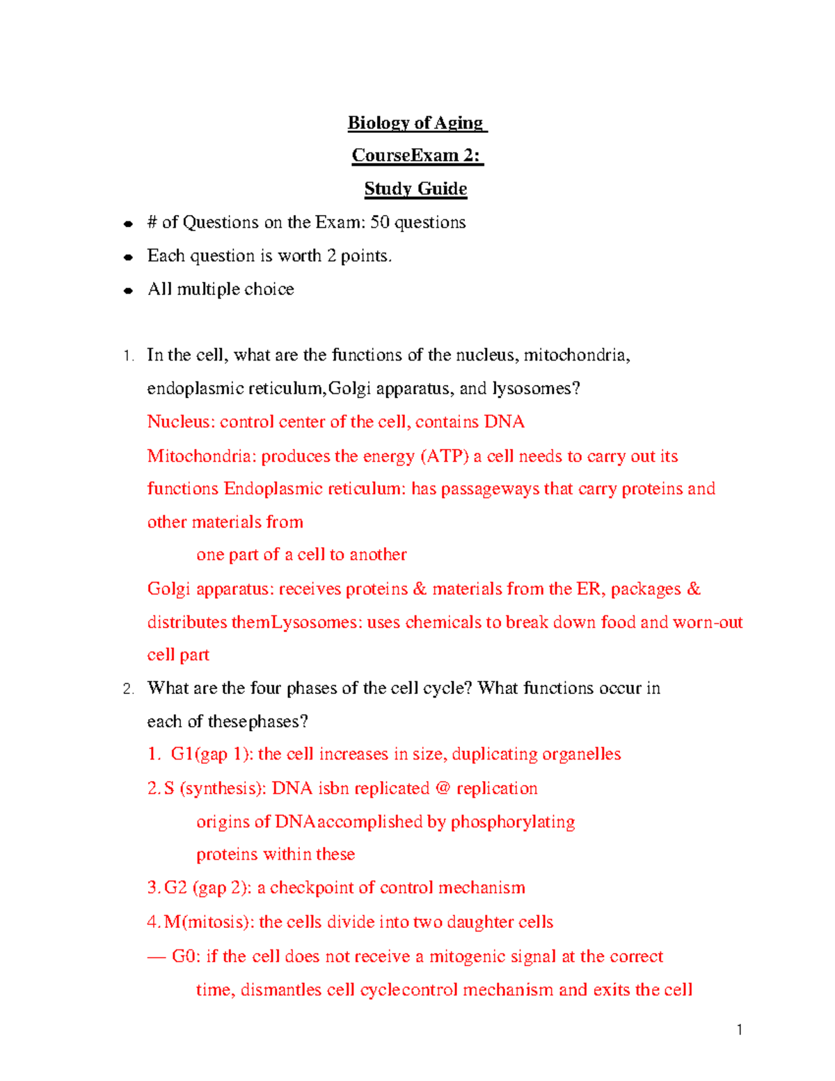 Exam 2 Study Guide Biology Of Aging - Biology Of Aging Course Exam 2 ...