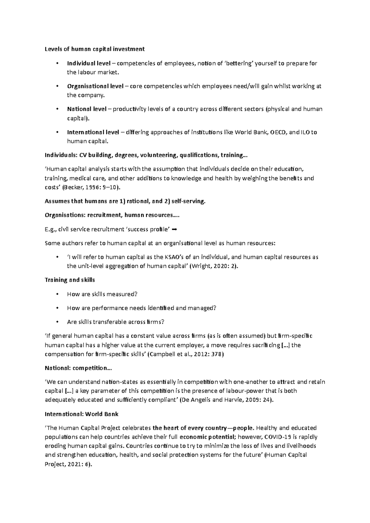 Levels of human capital investment - Levels of human capital investment ...