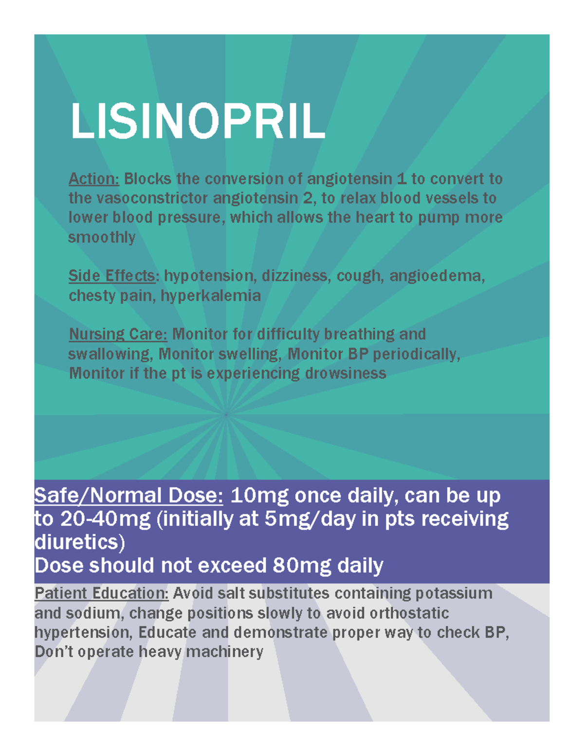 Lisinopril - LISINOPRIL Action: Blocks the conversion of angiotensin 1 ...