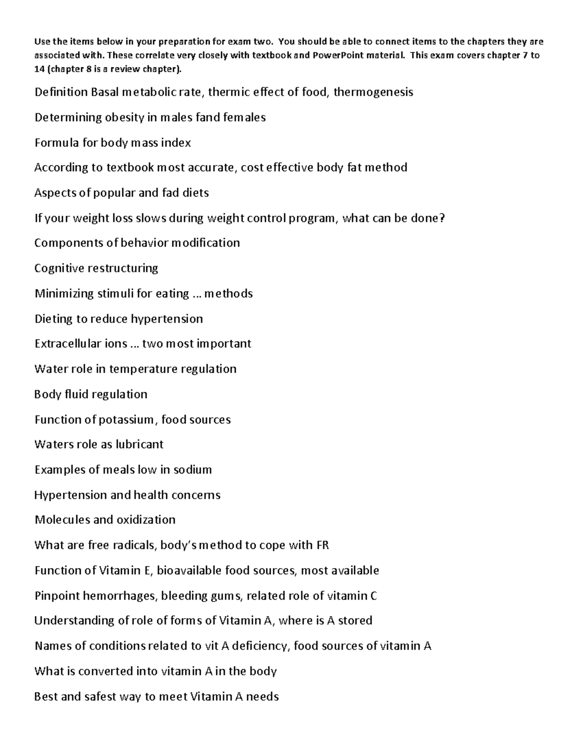 Exam 2 Review Nutrition - Use The Items Below In Your Preparation For ...