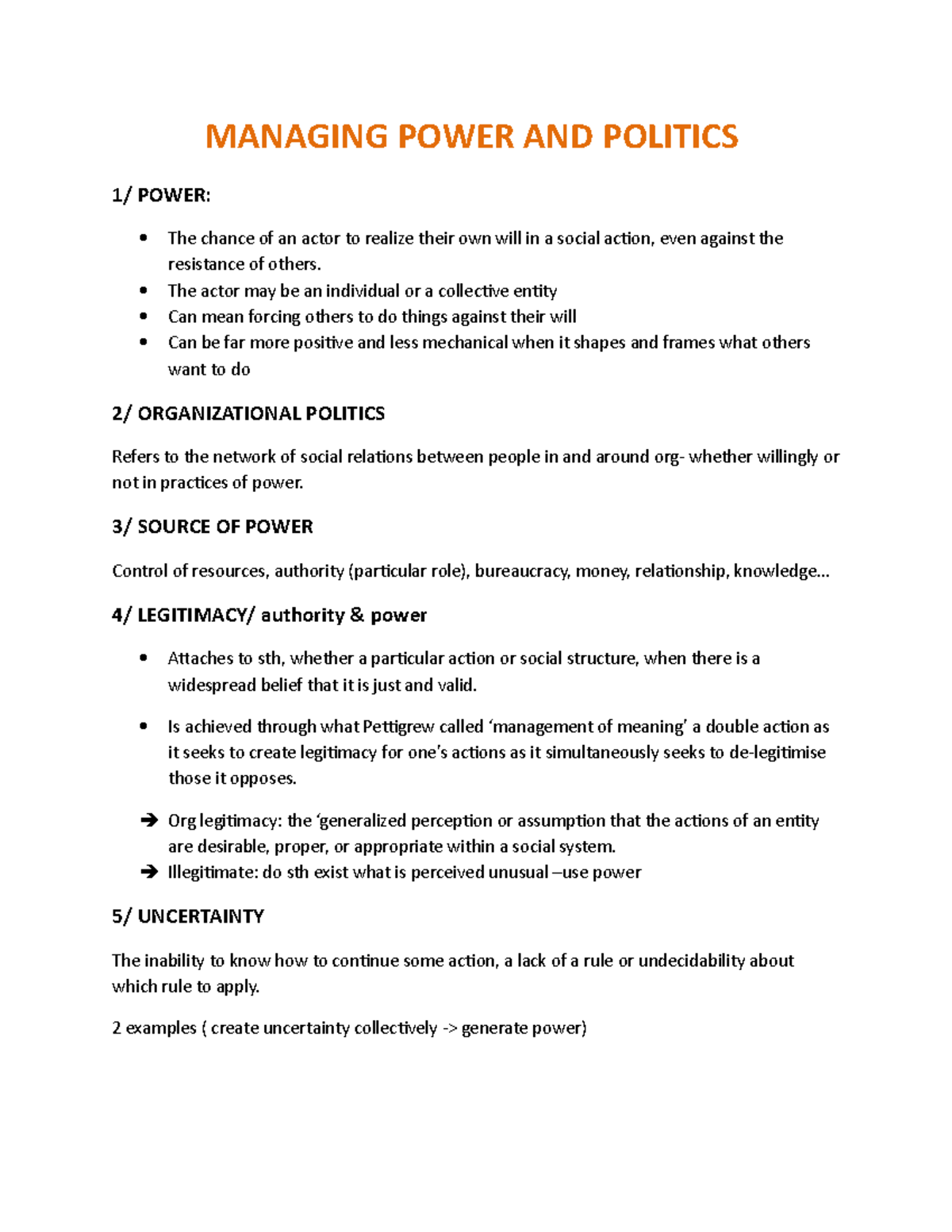 Mgnt110 summary note managing power and politics managing power and