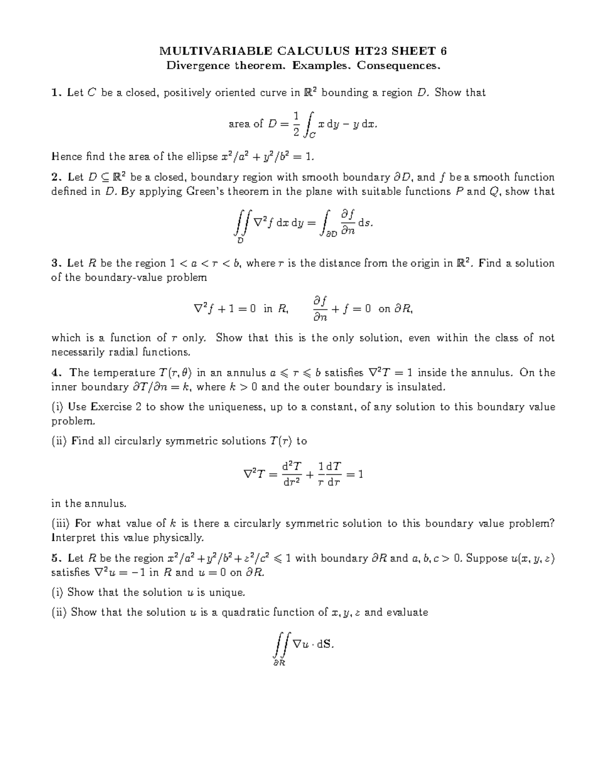 Sheet 6 - MULTIVARIABLE CALCULUS HT23 SHEET 6 Divergence theorem ...