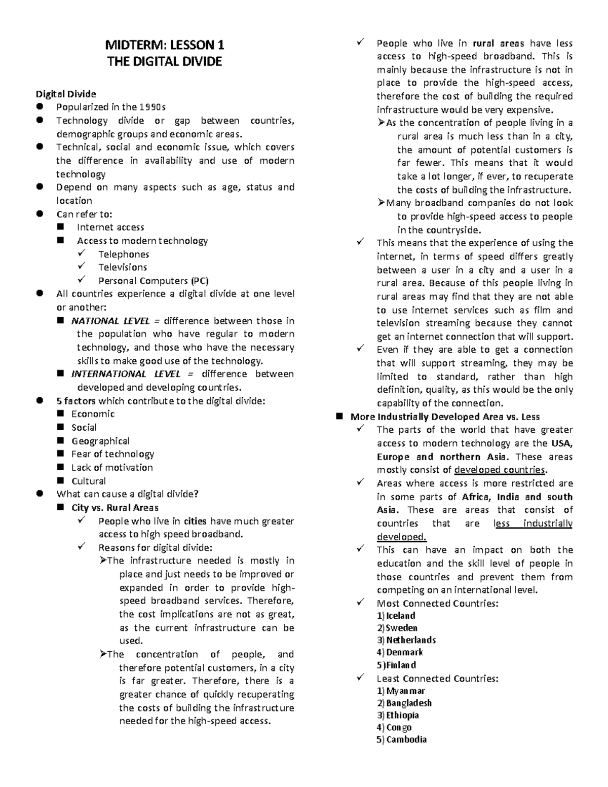 Midterm CW - notes - MIDTERM: LESSON 1 THE DIGITAL DIVIDE Digital ...