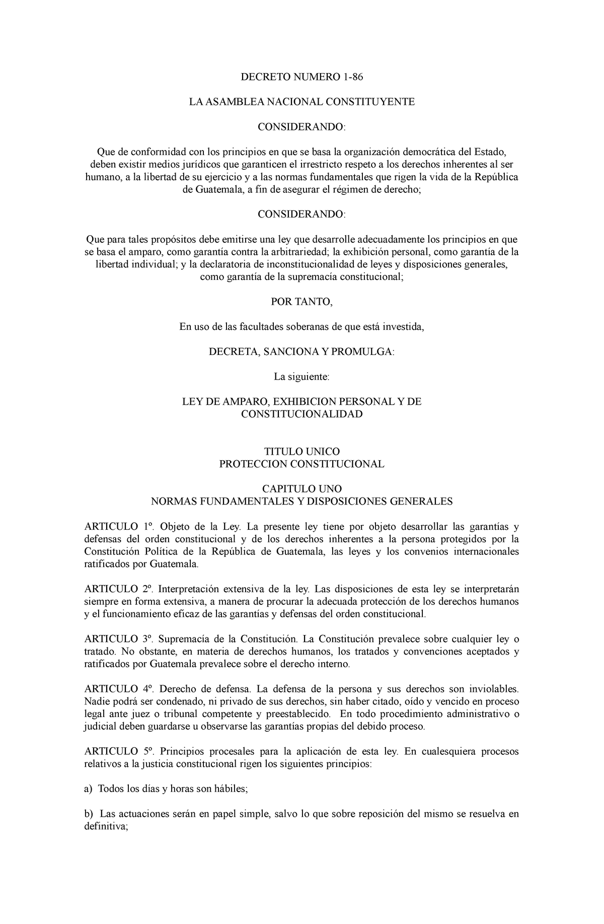 LEY DE Exhibición Personal Y DE Constitucionalidad - DECRETO NUMERO 1 ...