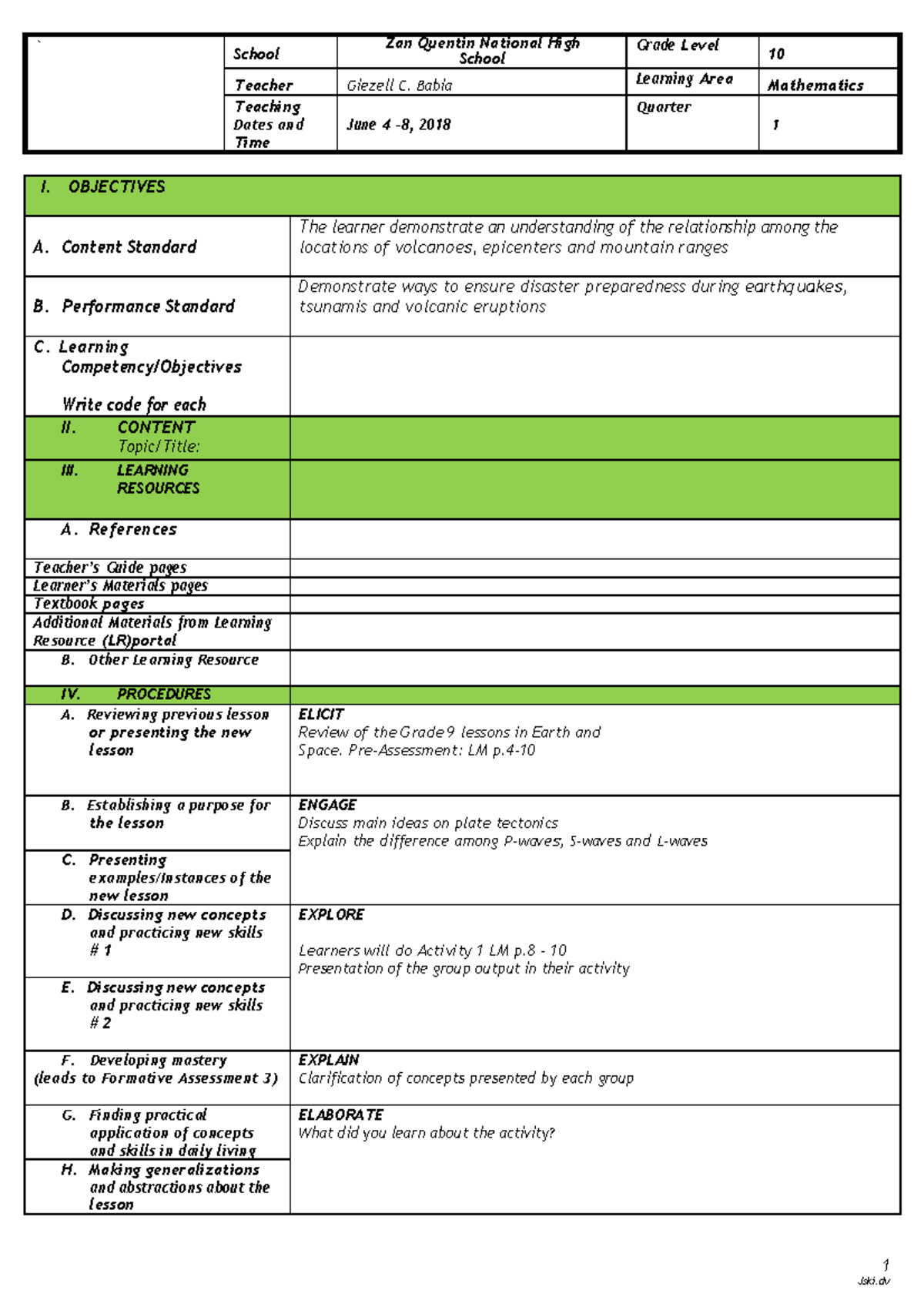 Sample For Lesson Plan Pdf