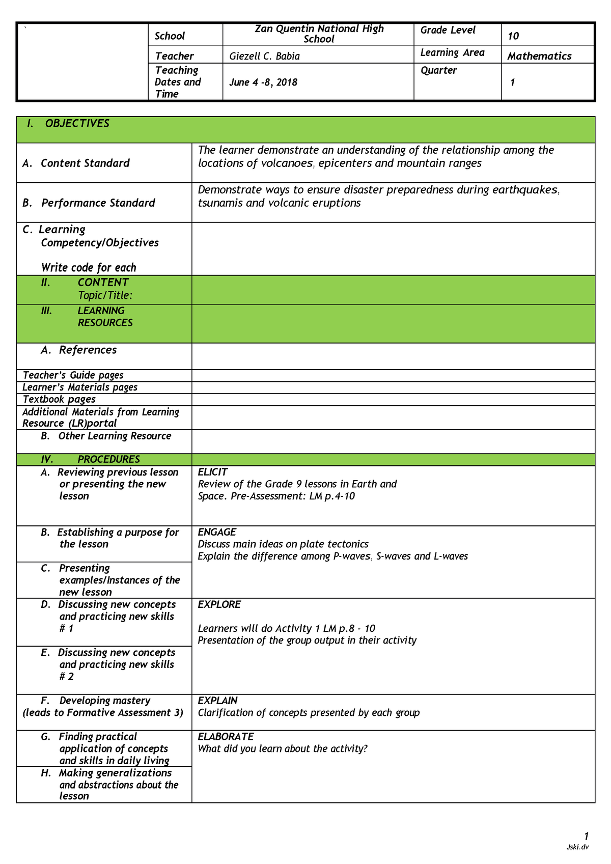 7es Lesson Plan Template 1pdf School Zan Quentin National High 