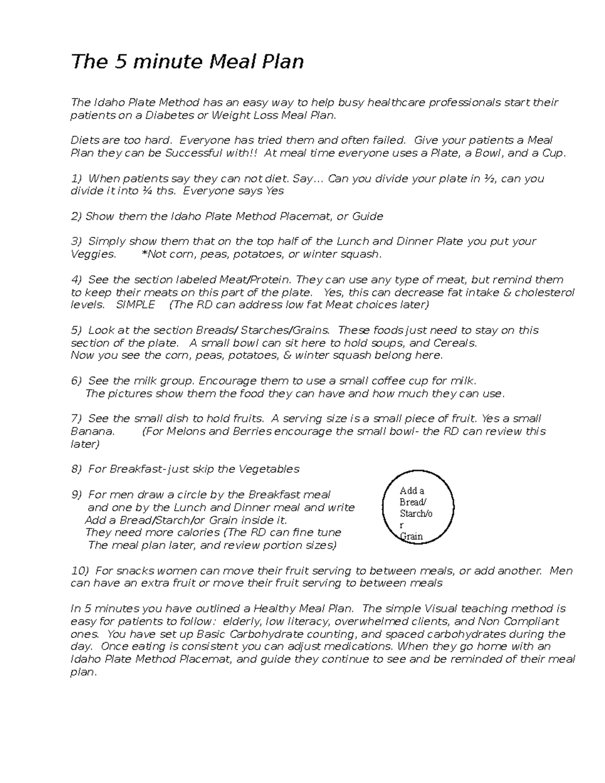 1 Patient consultations The 5 minute Meal Plan The Idaho Plate