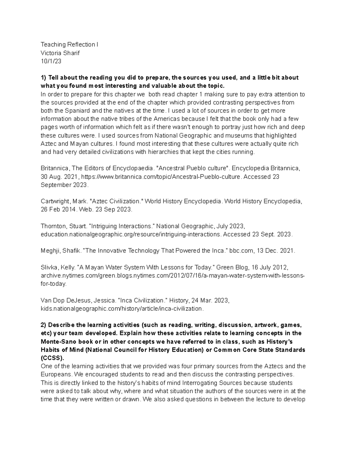 Teaching Reflection I - HISt - Teaching Reflection I Victoria Sharif 10 ...
